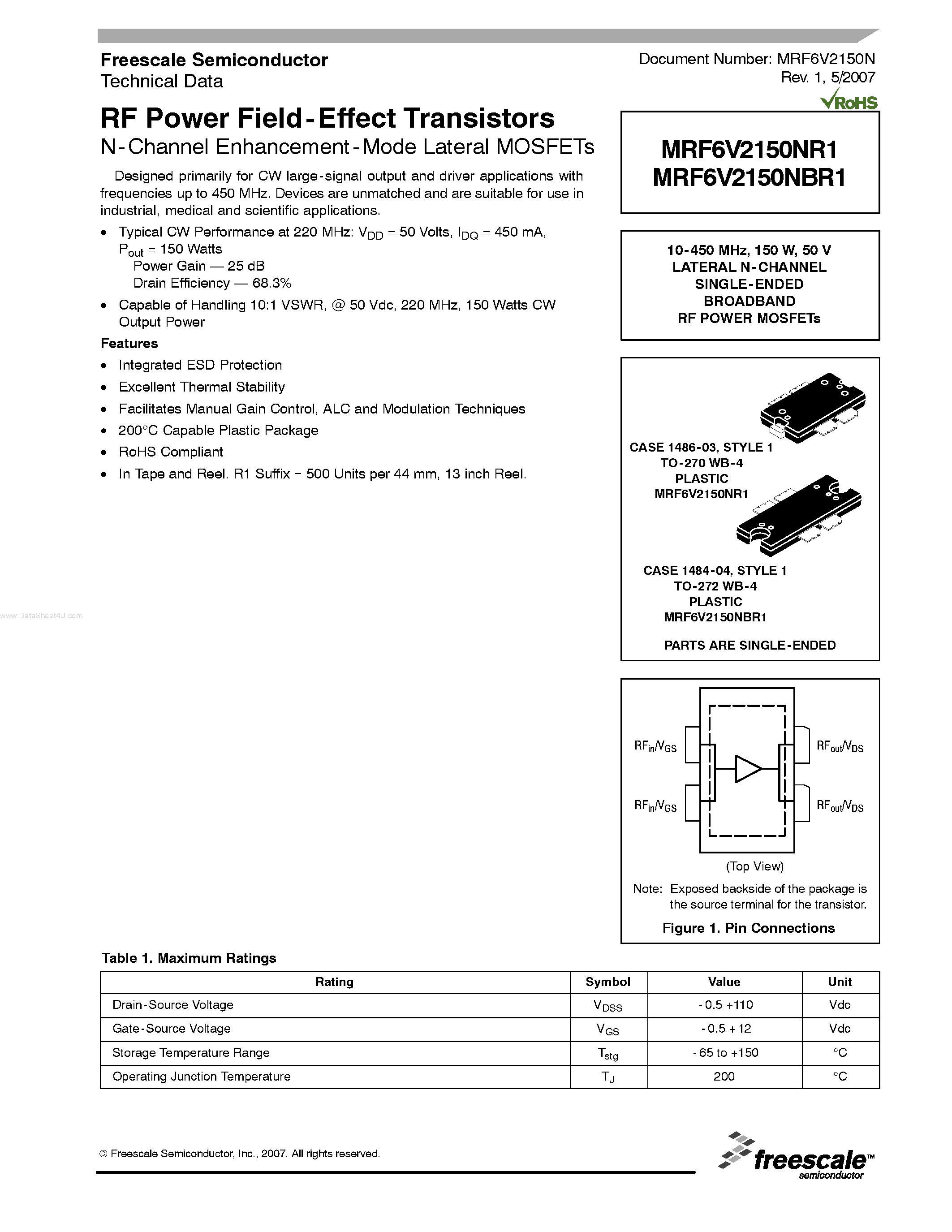 Datasheet MRF6V2150NBR1 - RF Power Field-Effect Transistors N-Channel Enhancement-Mode Lateral MOSFETs page 1