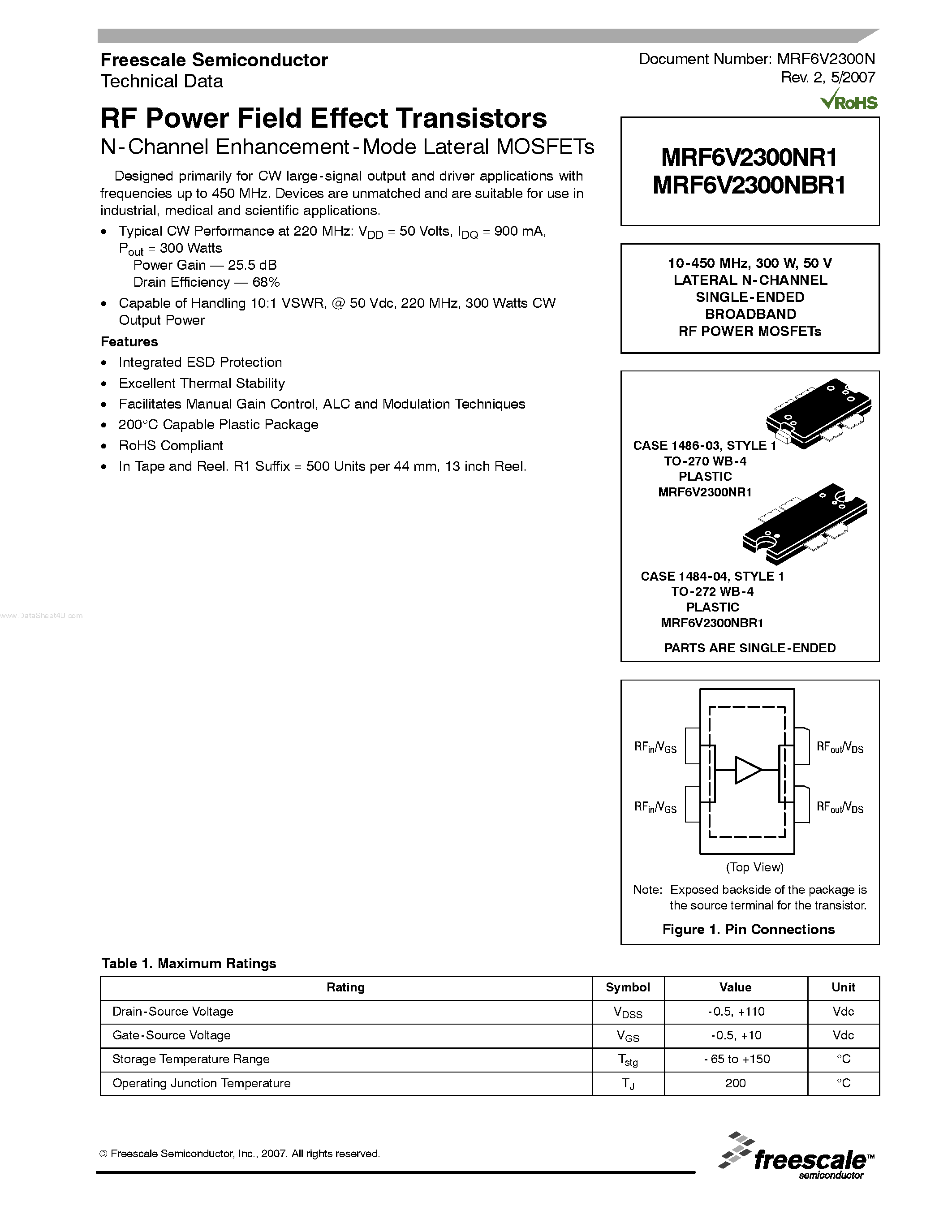Datasheet MRF6V2300NBR1 - RF Power Field Effect Transistors N-Channel Enhancement-Mode Lateral MOSFETs page 1