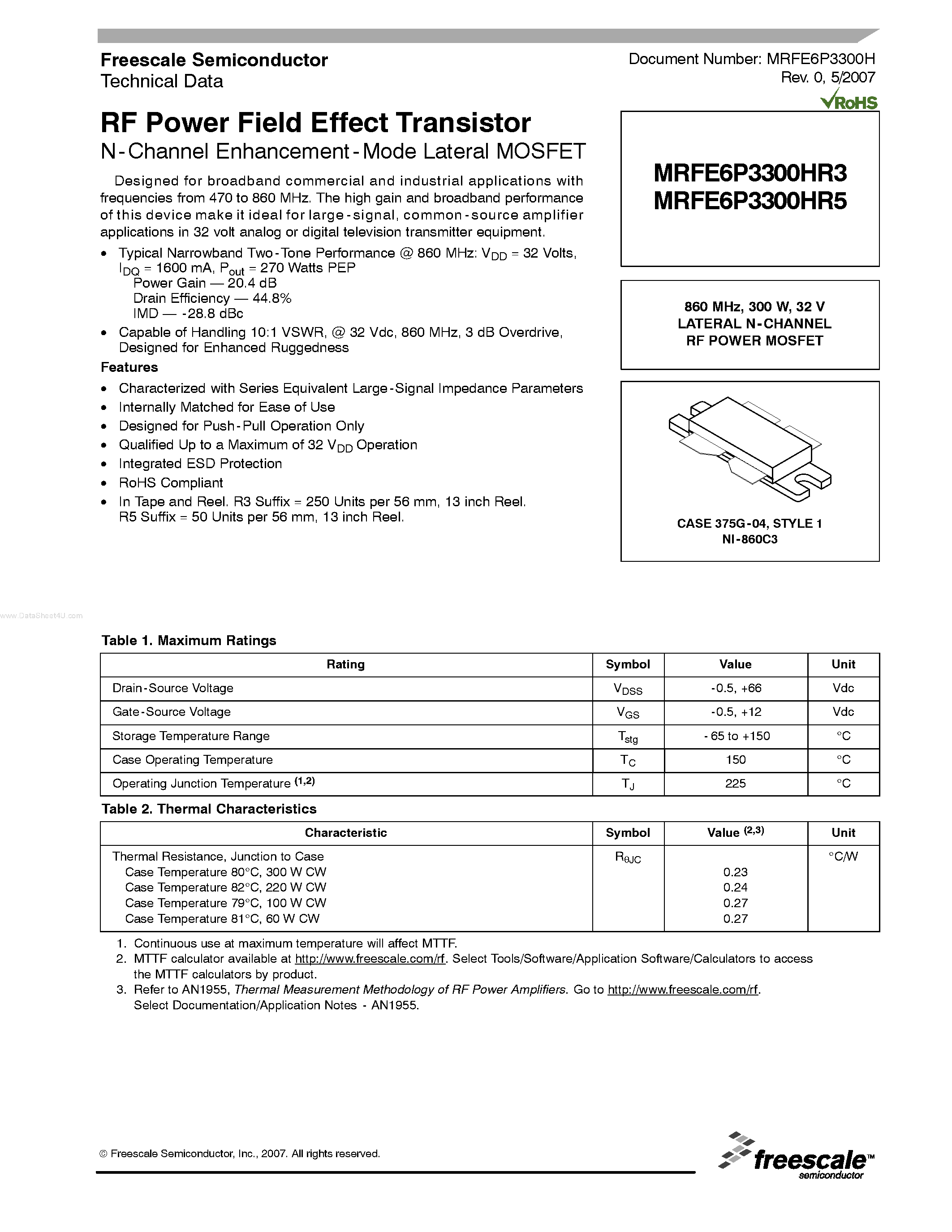 Datasheet MRFE6P3300HR3 - RF Power Field Effect Transistor N-Channel Enhancement-Mode Lateral MOSFET page 1