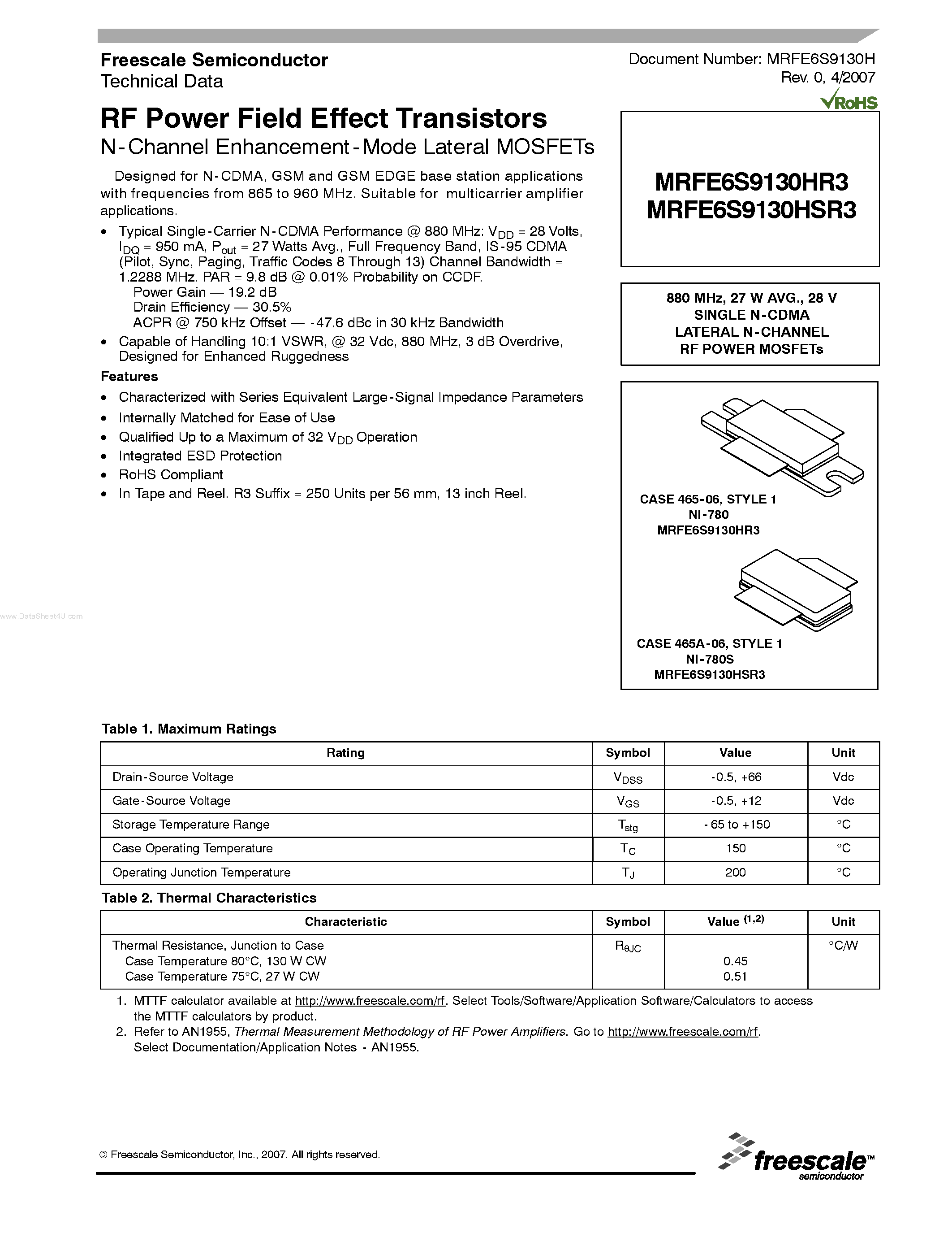 Datasheet MRFE6S9130HR3 - RF Power Field Effect Transistors N-Channel Enhancement-Mode Lateral MOSFETs page 1