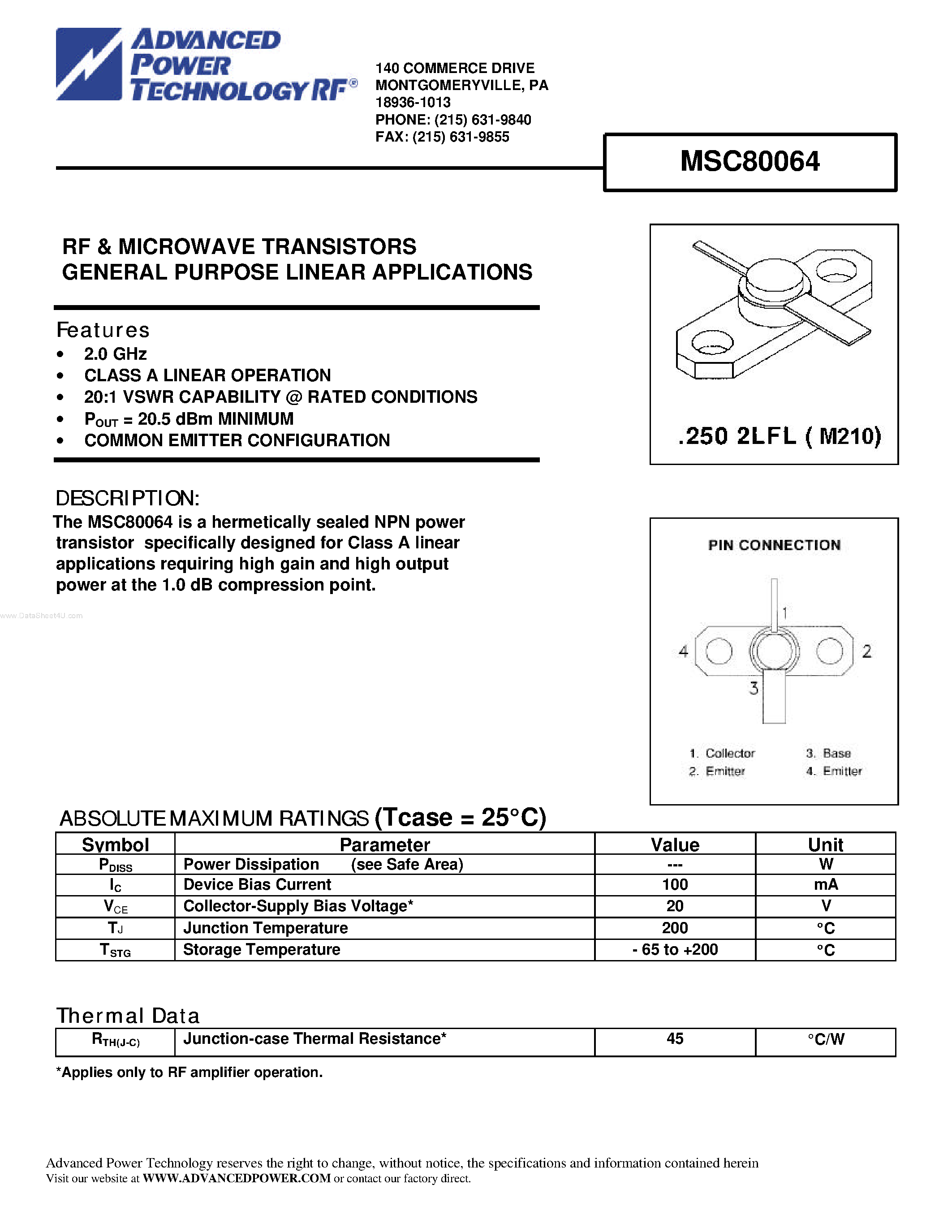 Datasheet MSC80064 - RF & MICROWAVE TRANSISTORS GENERAL PURPOSE LINEAR APPLICATIONS page 1