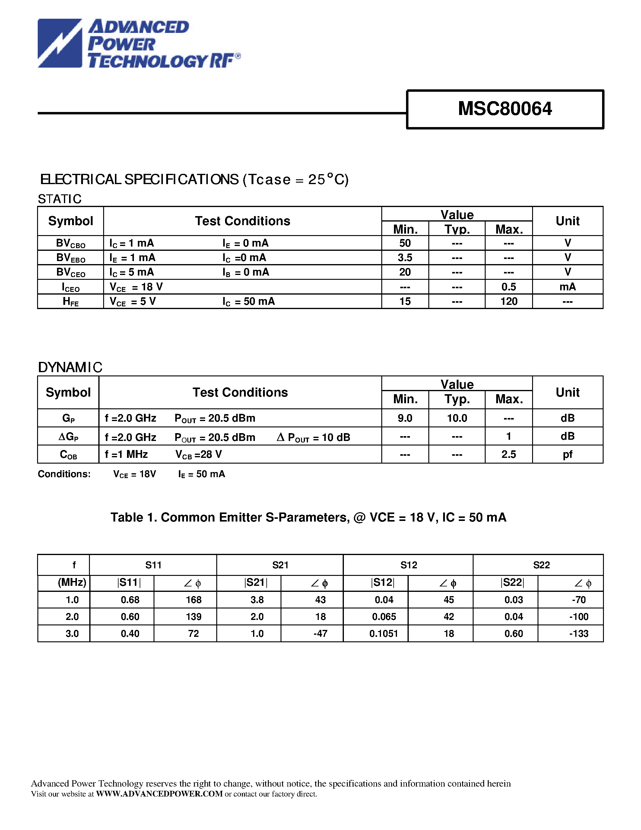 Datasheet MSC80064 - RF & MICROWAVE TRANSISTORS GENERAL PURPOSE LINEAR APPLICATIONS page 2