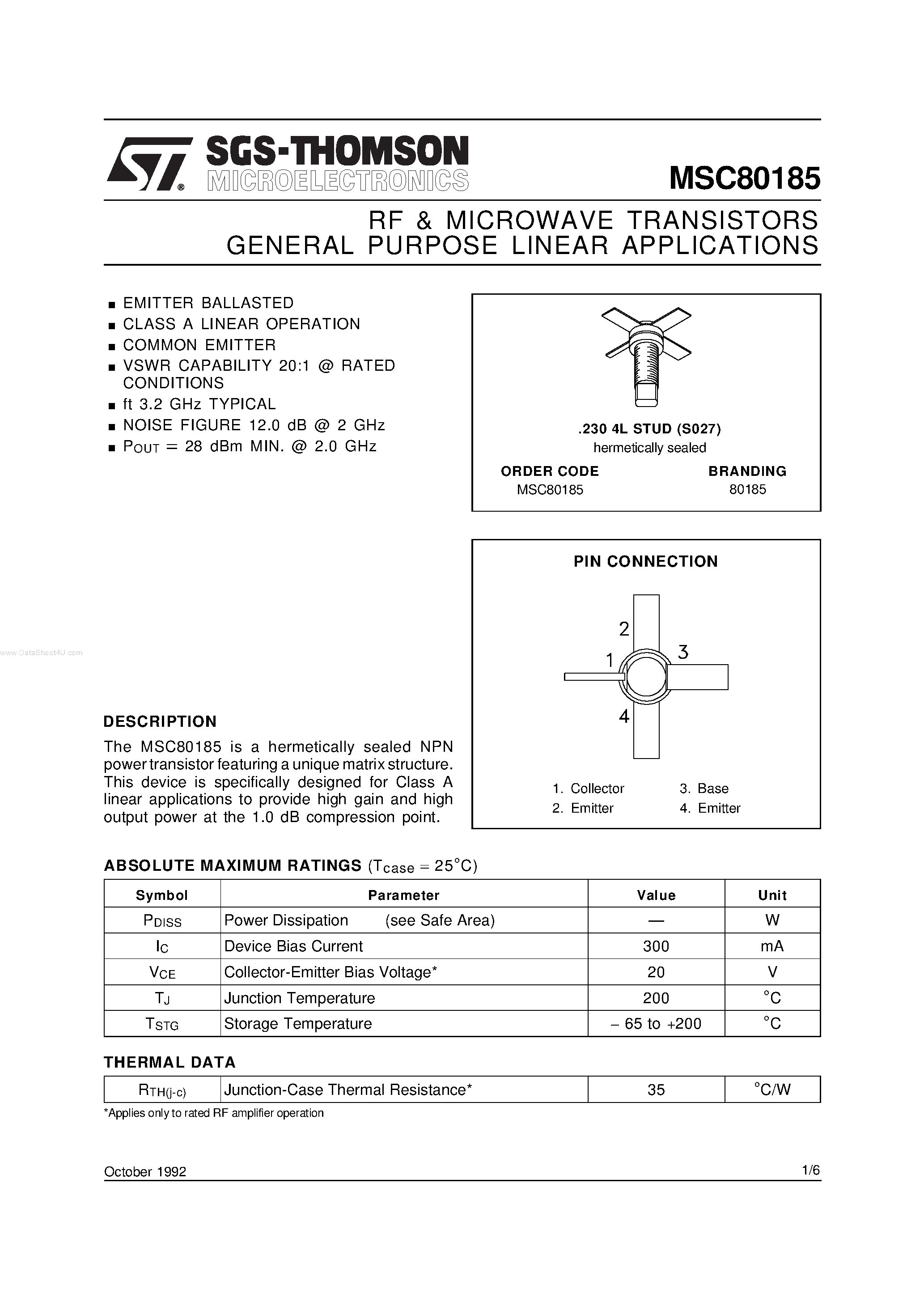 Datasheet MSC80185 - RF & MICROWAVE TRANSISTORS GENERAL PURPOSE LINEAR APPLICATIONS page 1