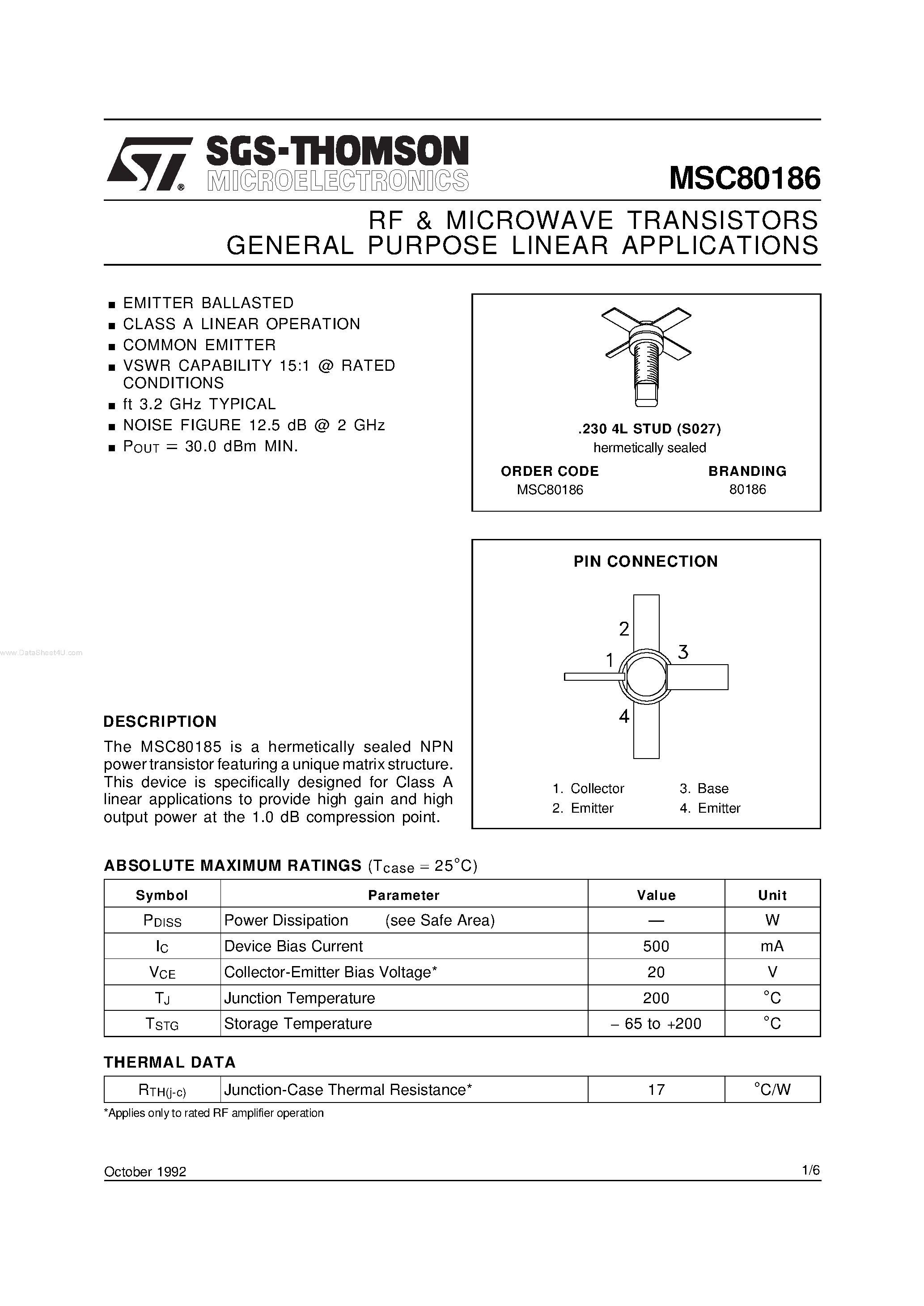 Datasheet MSC80186 - GENERAL PURPOSE LINEAR APPLICATIONS RF & MICROWAVE TRANSISTORS page 1