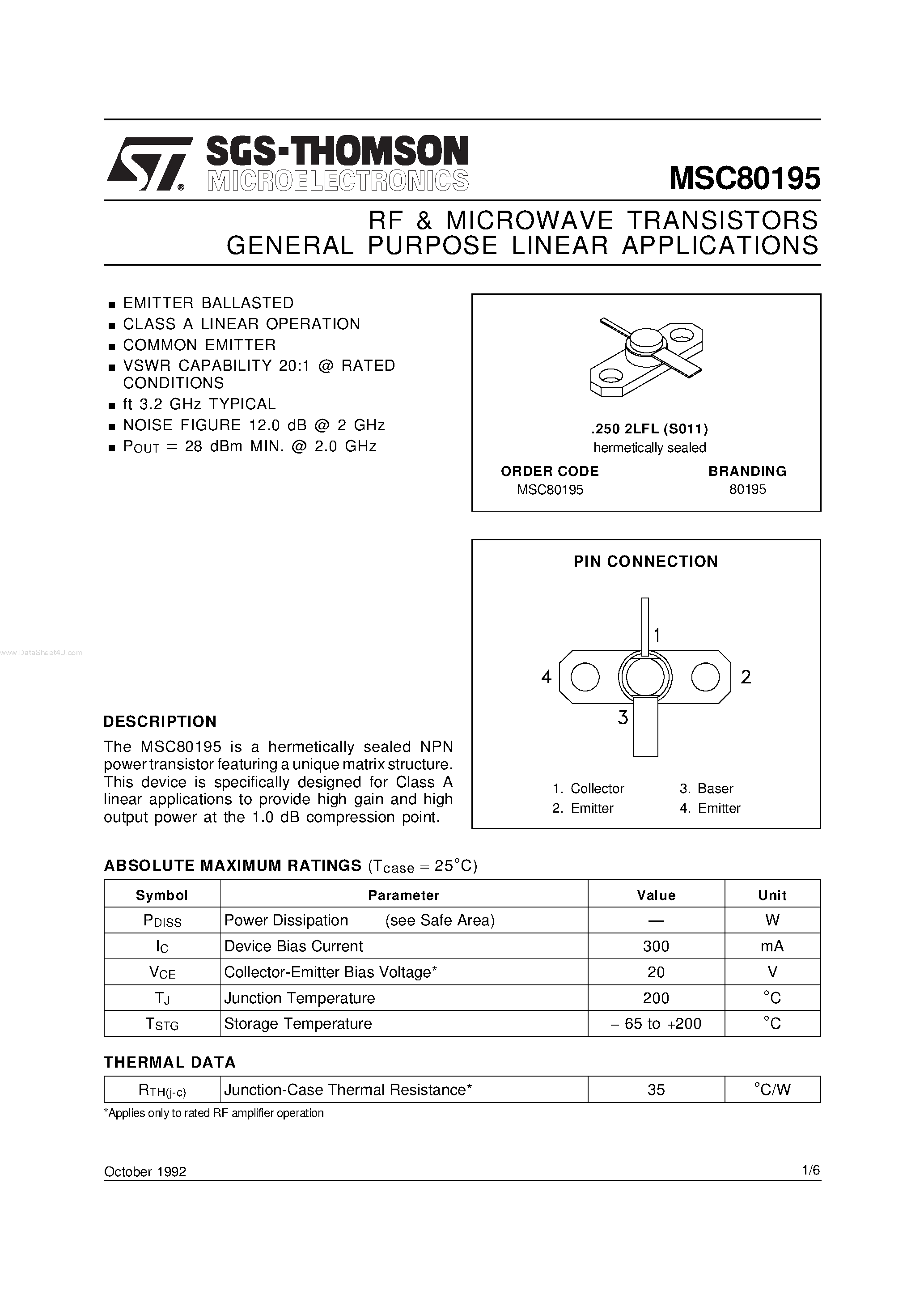 Datasheet MSC80195 - RF & MICROWAVE TRANSISTORS GENERAL PURPOSE LINEAR APPLICATIONS page 1