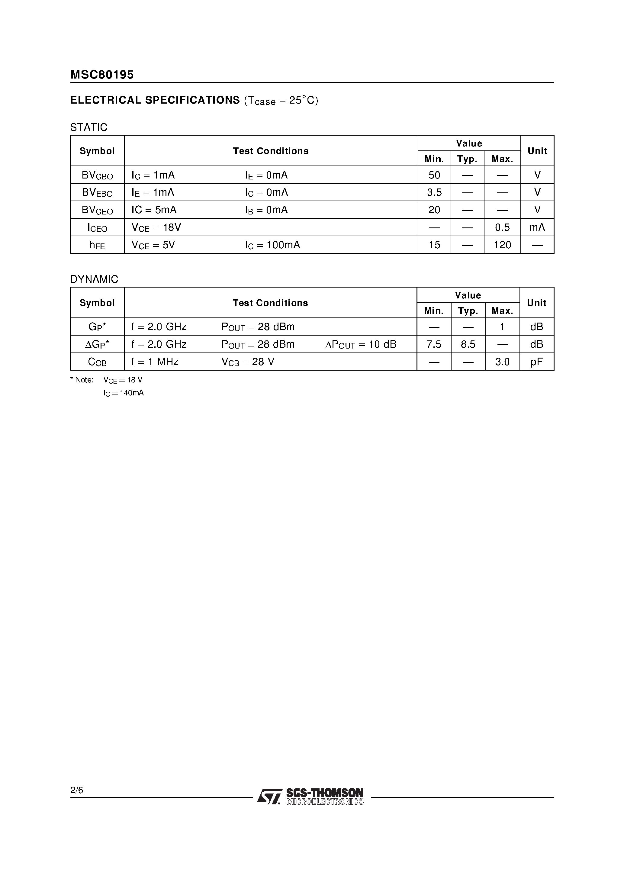 Datasheet MSC80195 - RF & MICROWAVE TRANSISTORS GENERAL PURPOSE LINEAR APPLICATIONS page 2