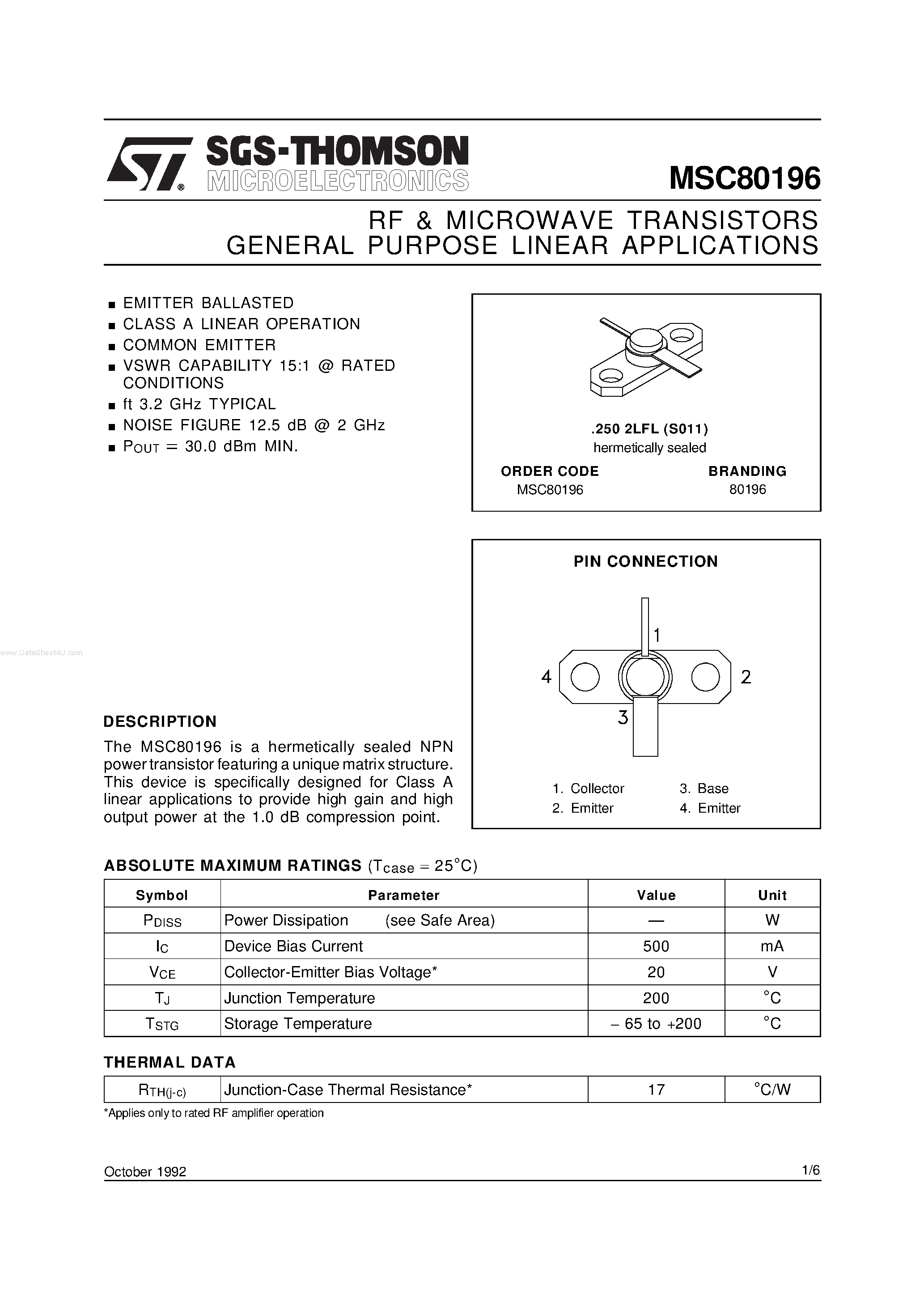 Datasheet MSC80196 - RF & MICROWAVE TRANSISTORS GENERAL PURPOSE LINEAR APPLICATIONS page 1