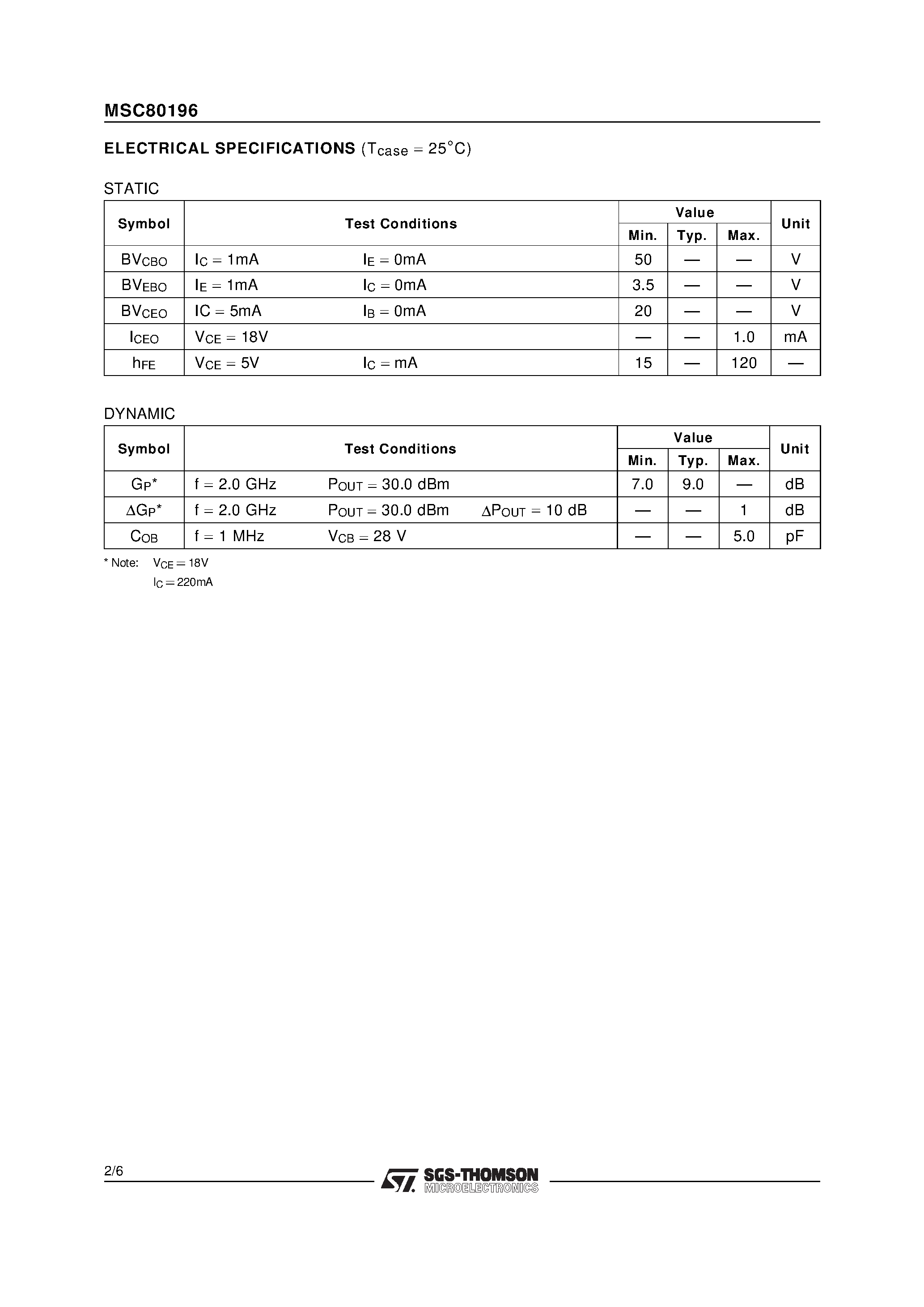 Datasheet MSC80196 - RF & MICROWAVE TRANSISTORS GENERAL PURPOSE LINEAR APPLICATIONS page 2