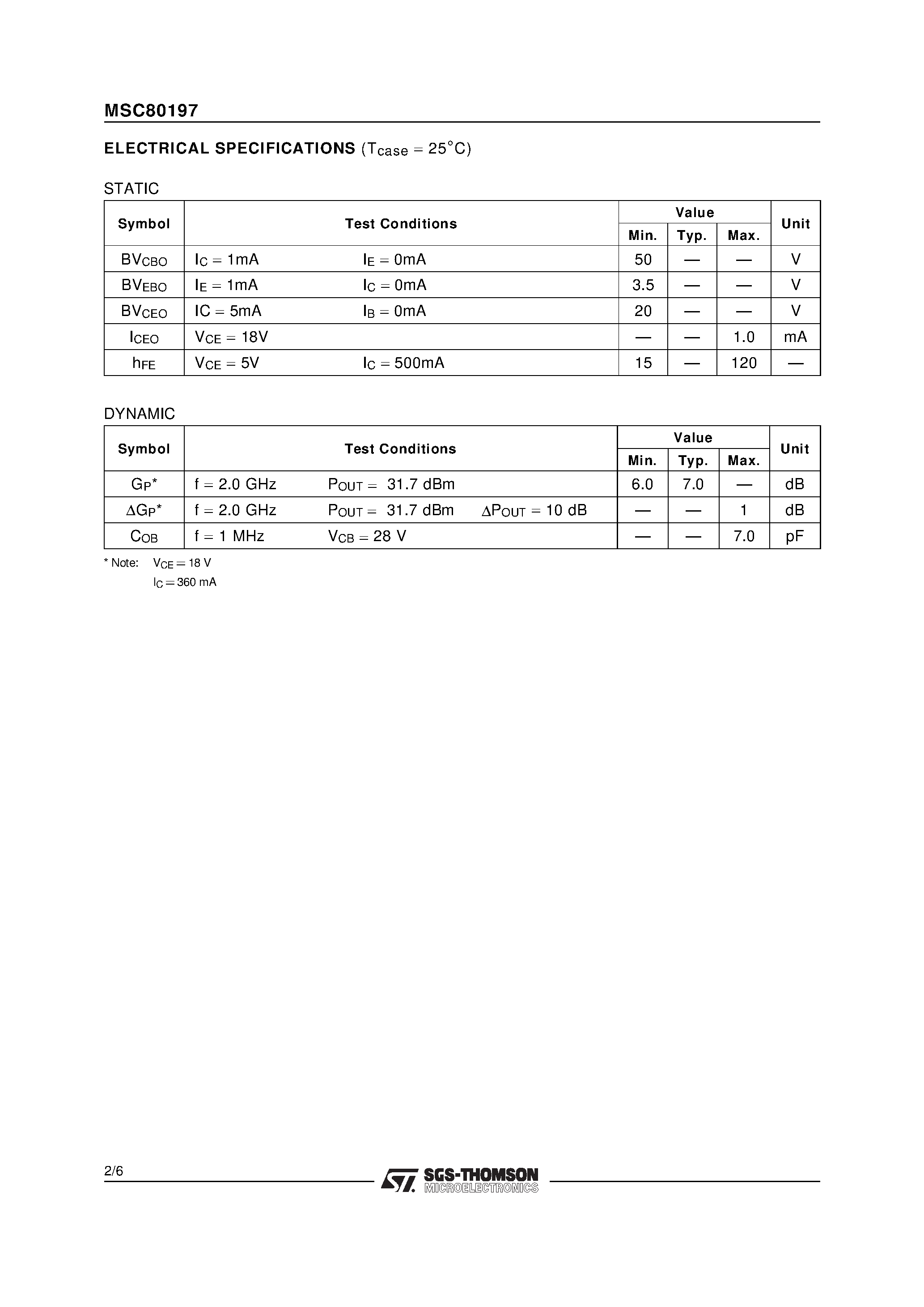 Datasheet MSC80197 - RF & MICROWAVE TRANSISTORS GENERAL PURPOSE LINEAR APPLICATIONS page 2