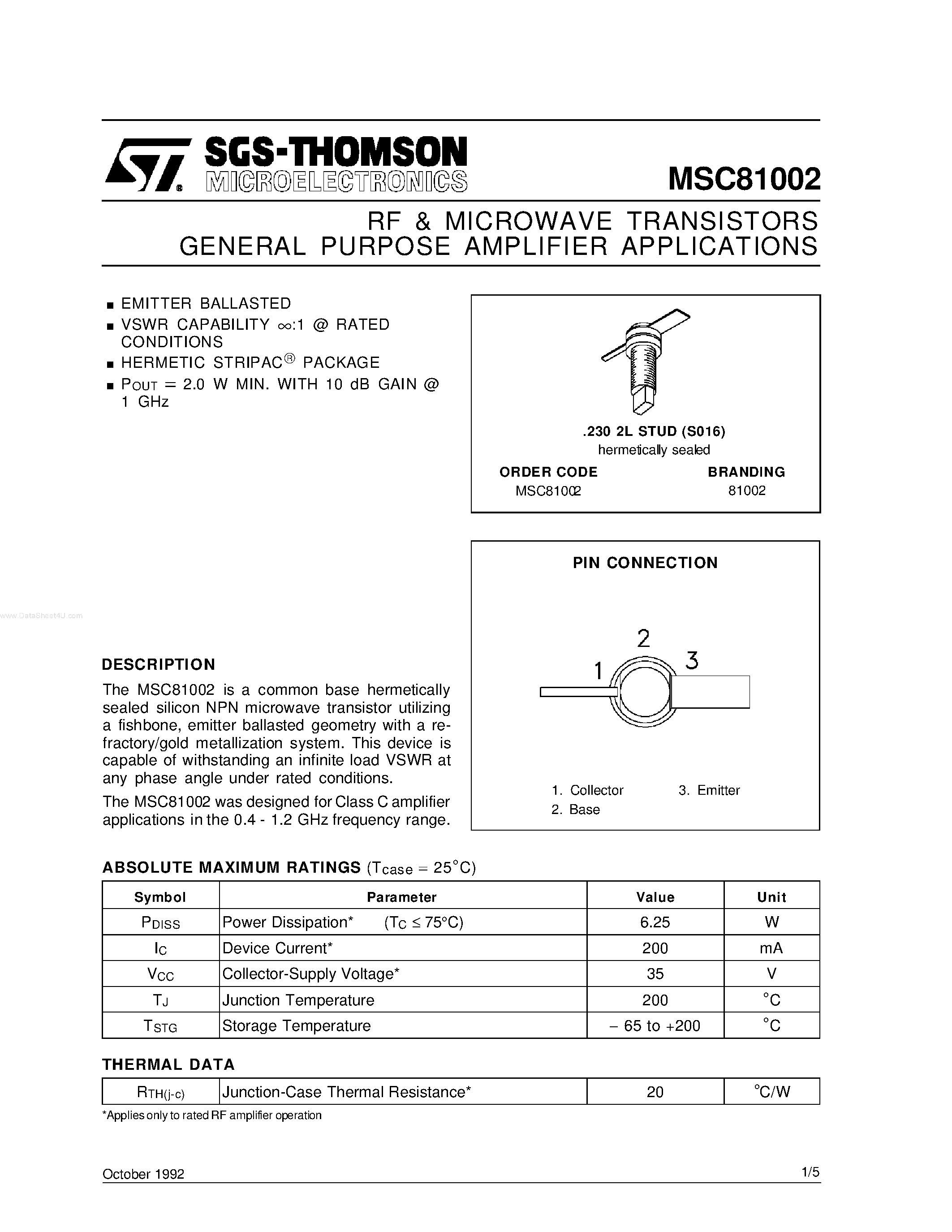 Datasheet MSC81002 - RF & MICROWAVE TRANSISTORS GENERAL PURPOSE AMPLIFIER APPLICATIONS page 1