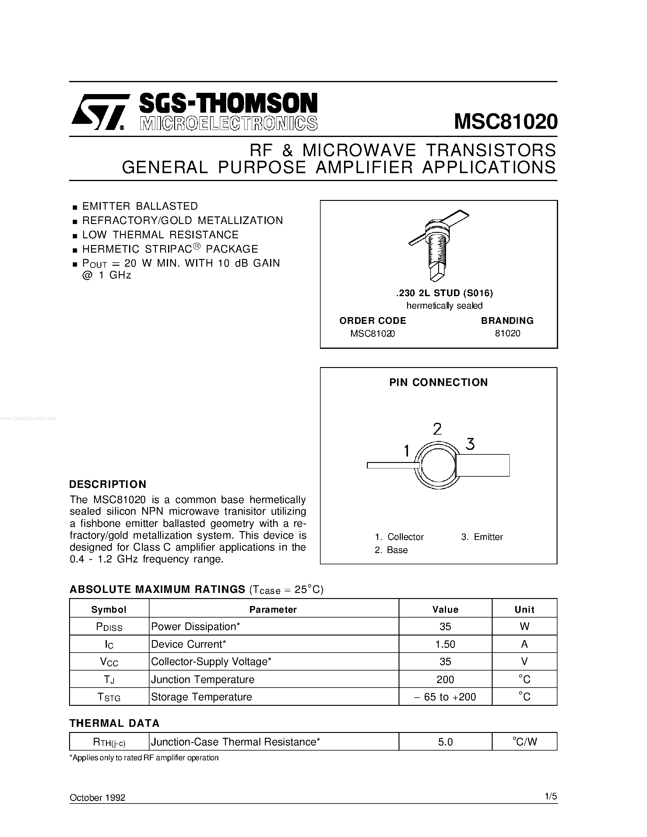 Datasheet MSC81020 - RF & MICROWAVE TRANSISTORS GENERAL PURPOSE AMPLIFIER APPLICATIONS page 1