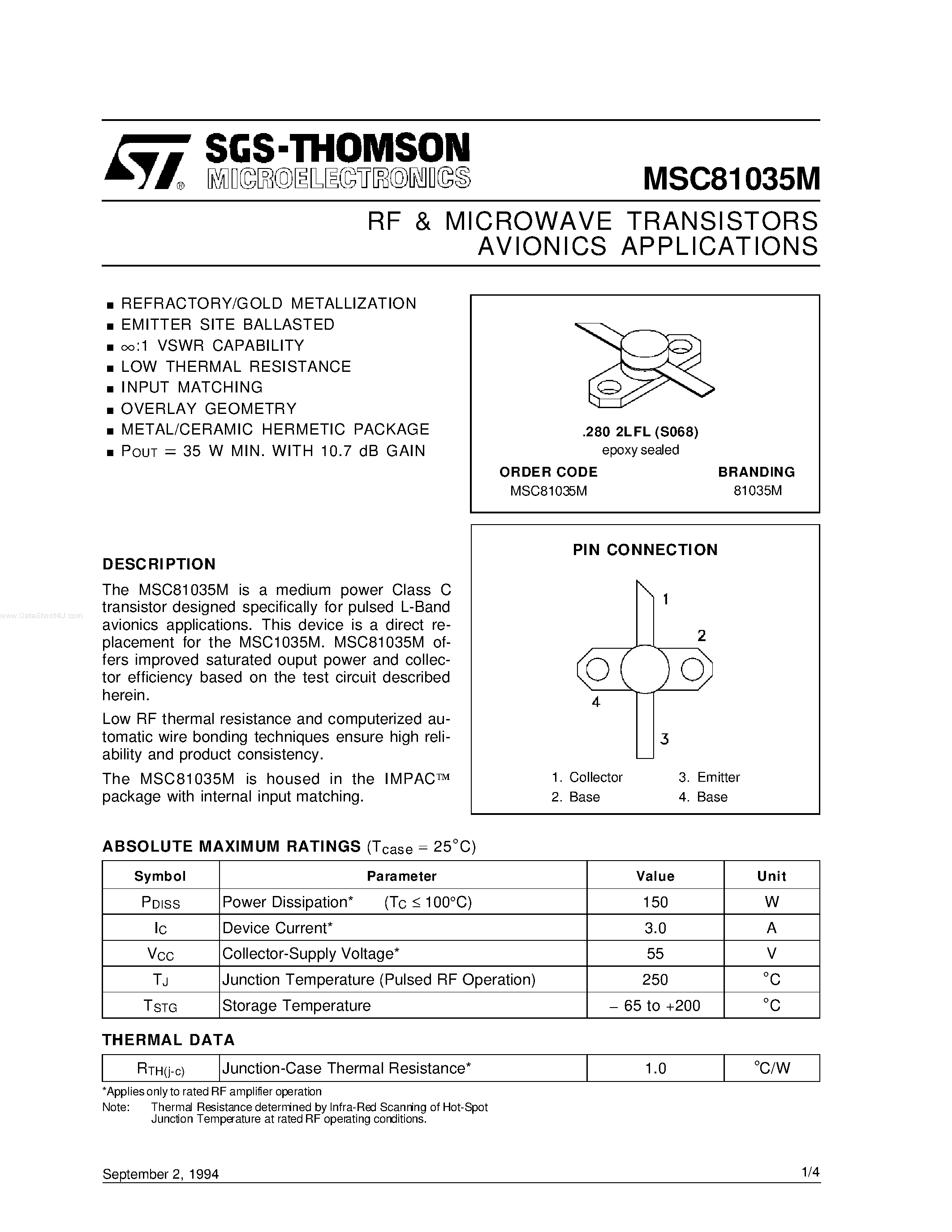 Datasheet MSC81035M - RF & MICROWAVE TRANSISTORS AVIONICS APPLICATIONS page 1