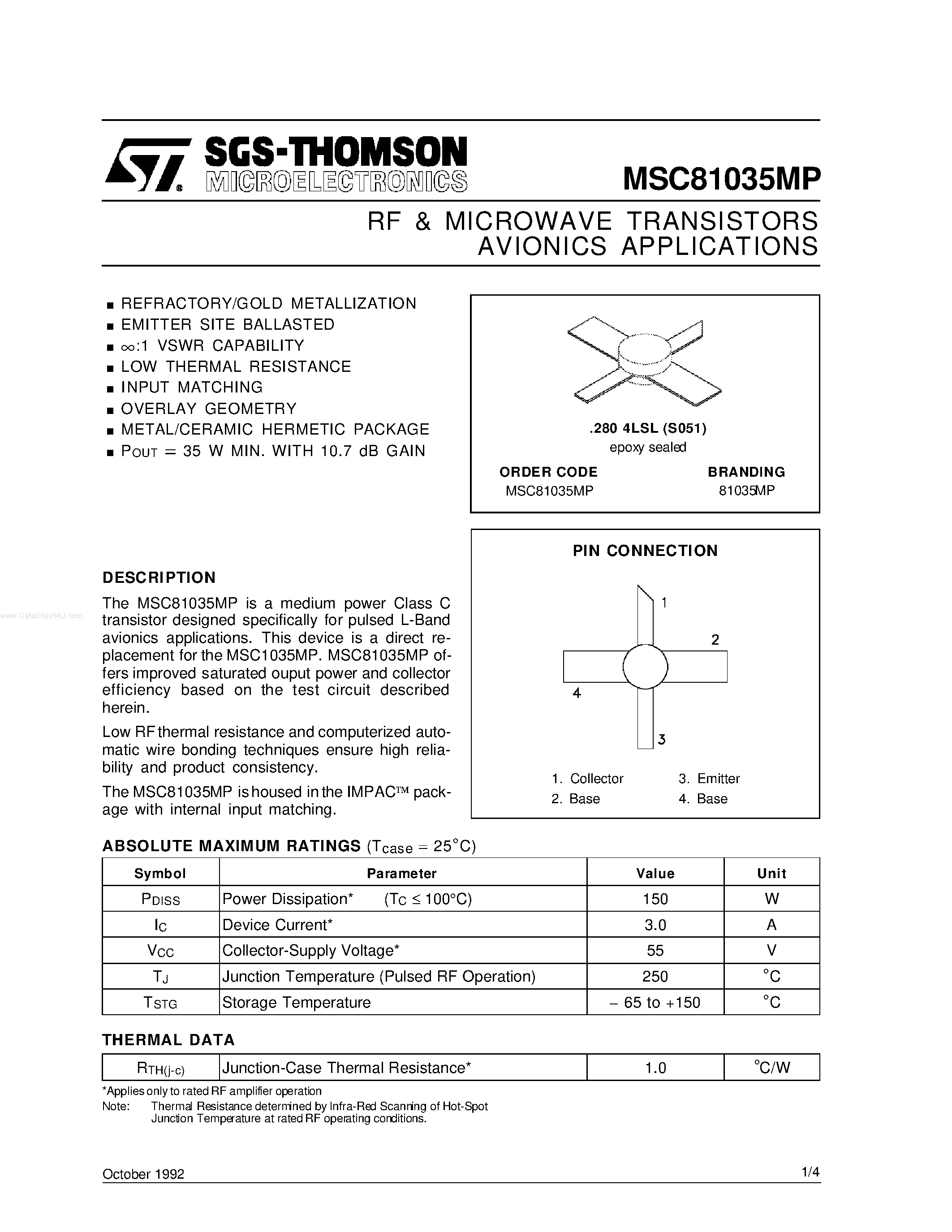 Datasheet MSC81035MP - RF & MICROWAVE TRANSISTORS AVIONICS APPLICATIONS page 1
