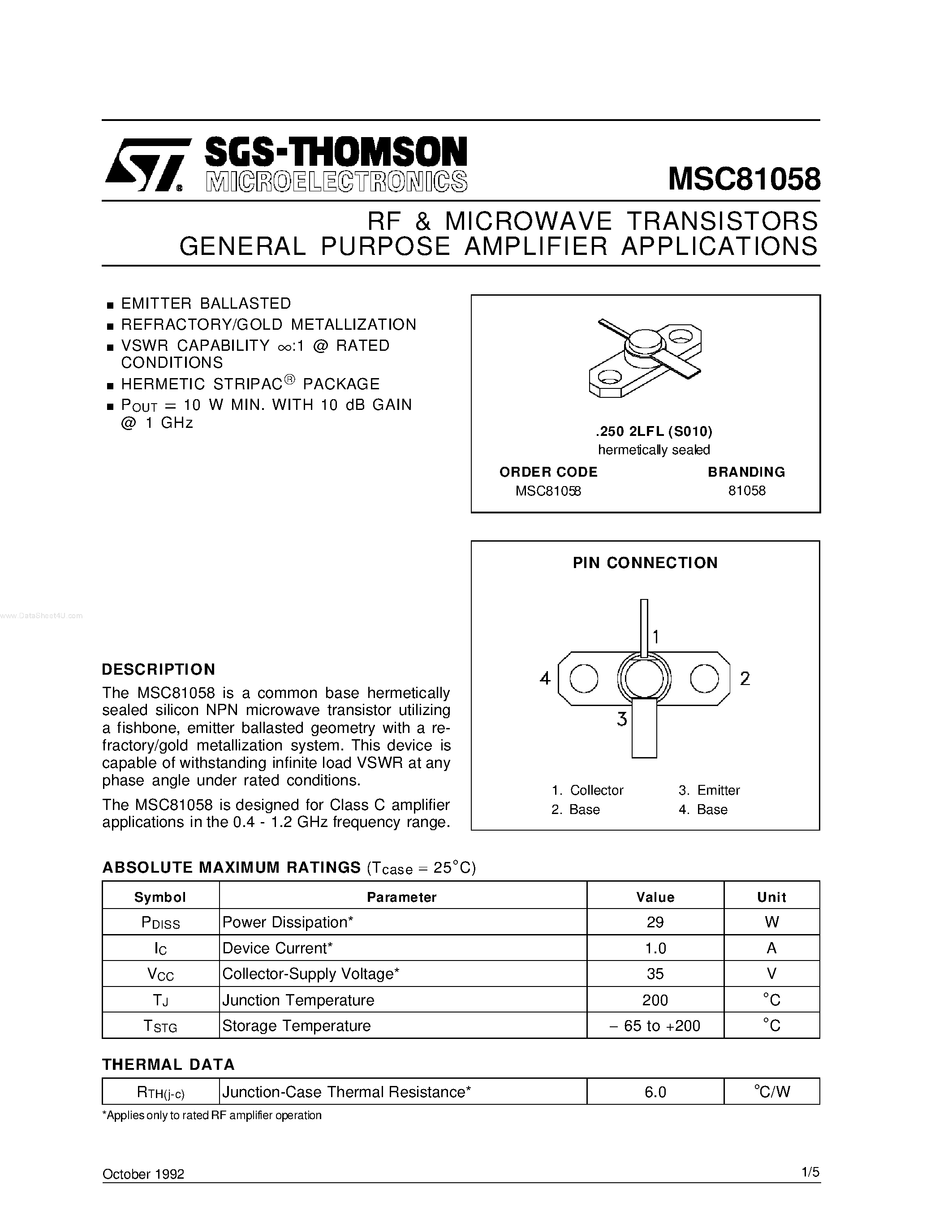 Datasheet MSC81058 - RF & MICROWAVE TRANSISTORS GENERAL PURPOSE AMPLIFIER APPLICATIONS page 1