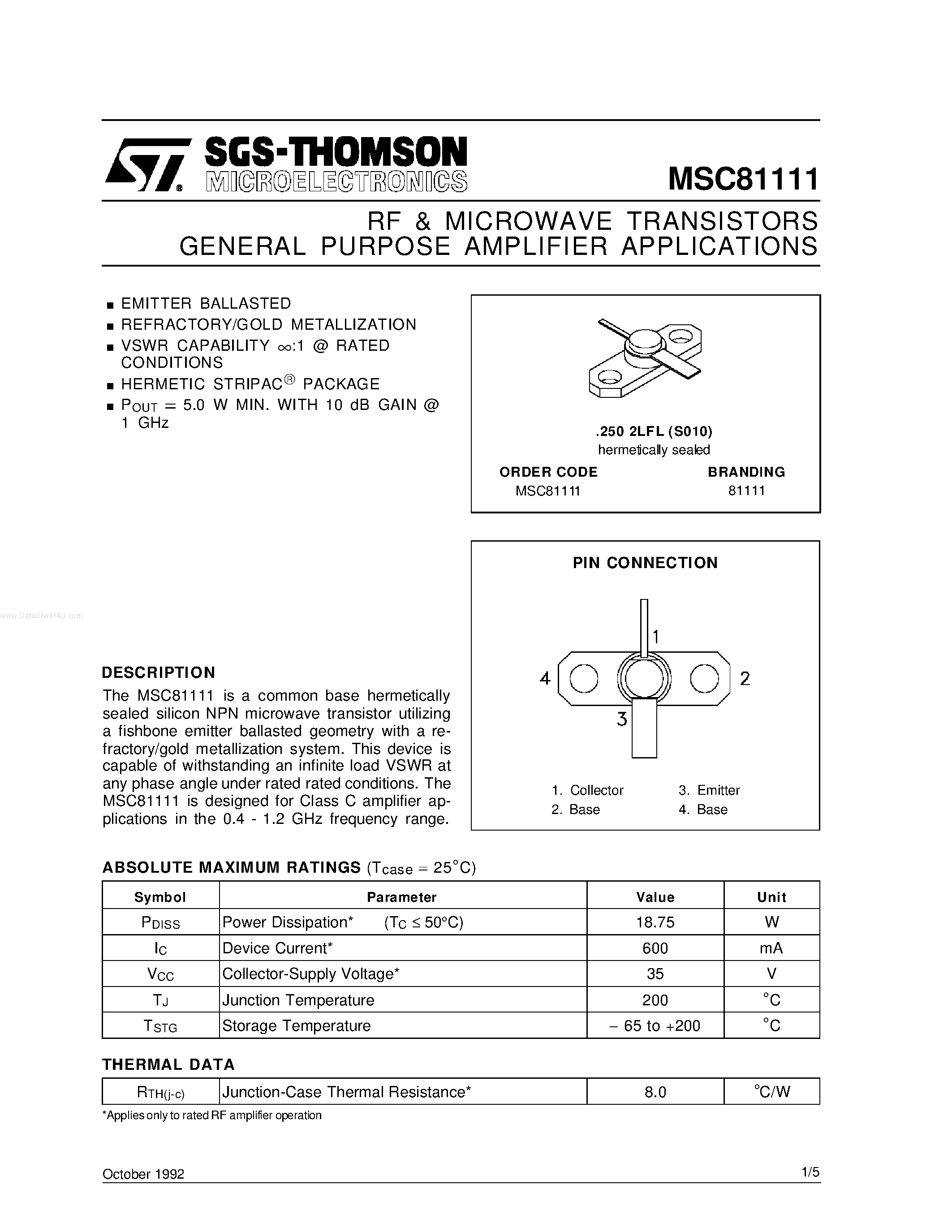 Datasheet MSC81111 - RF & MICROWAVE TRANSISTORS GENERAL PURPOSE AMPLIFIER APPLICATIONS page 1