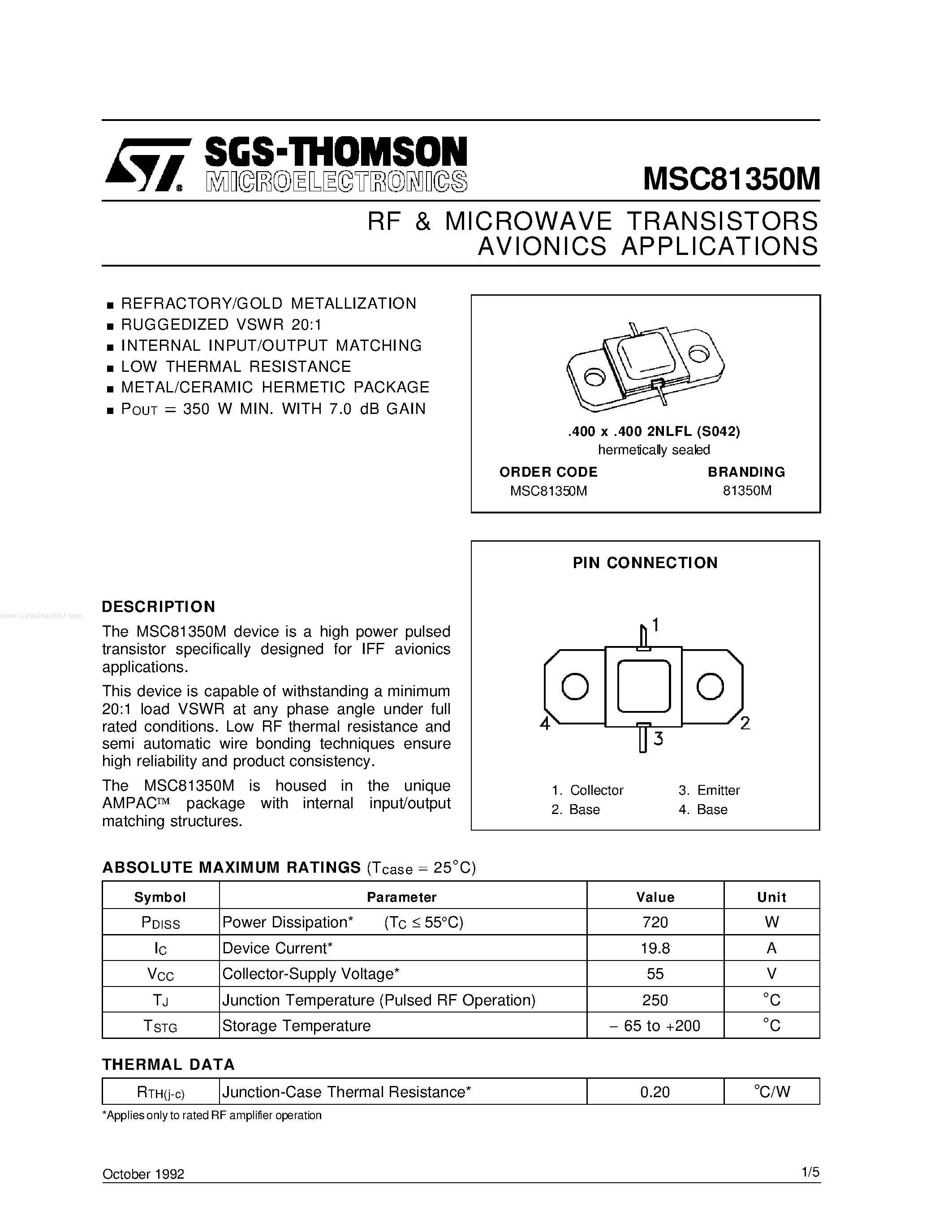 Datasheet MSC81350M - RF & MICROWAVE TRANSISTORS AVIONICS APPLICATIONS page 1