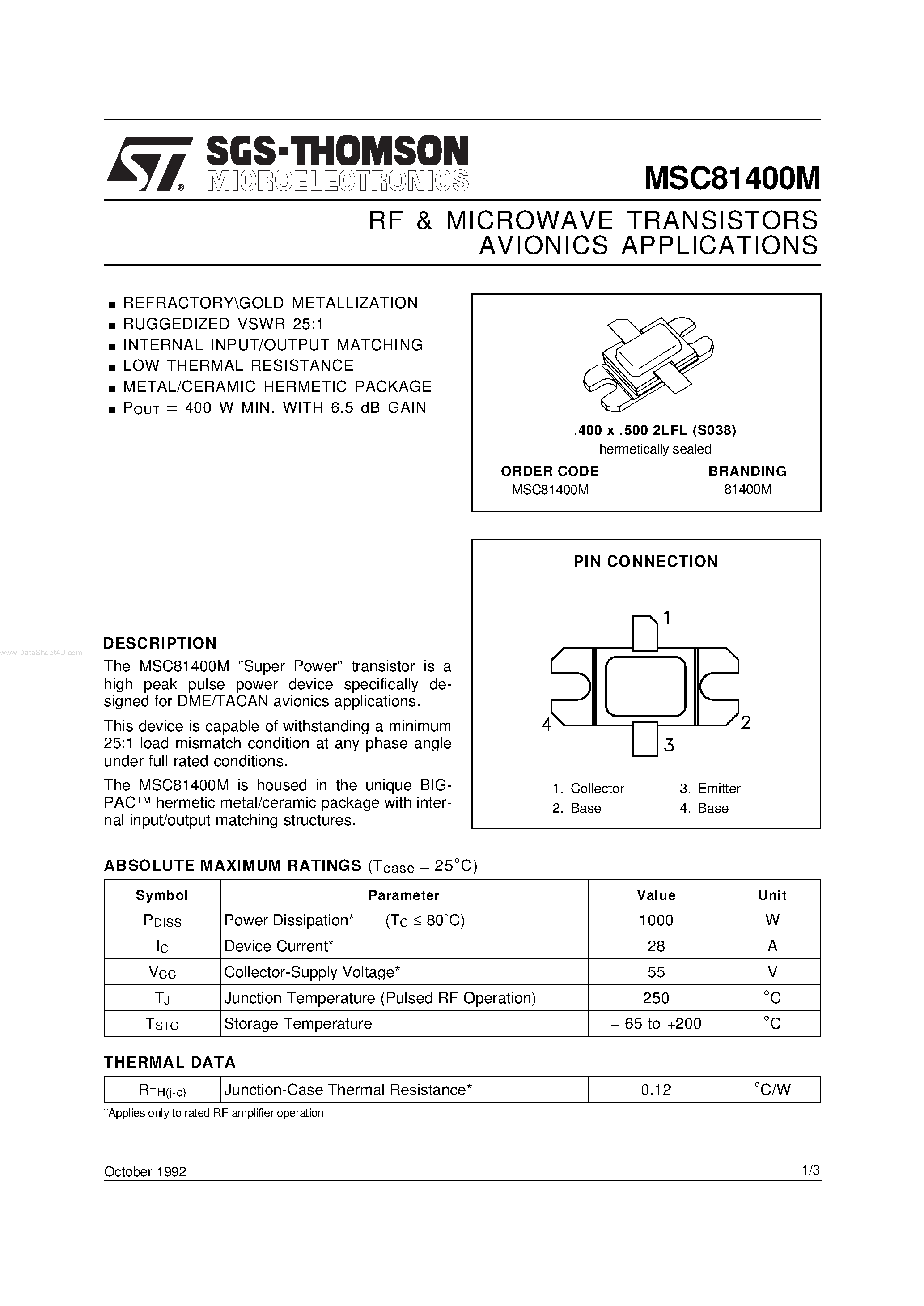 Datasheet MSC81400M - RF & MICROWAVE TRANSISTORS AVIONICS APPLICATIONS page 1