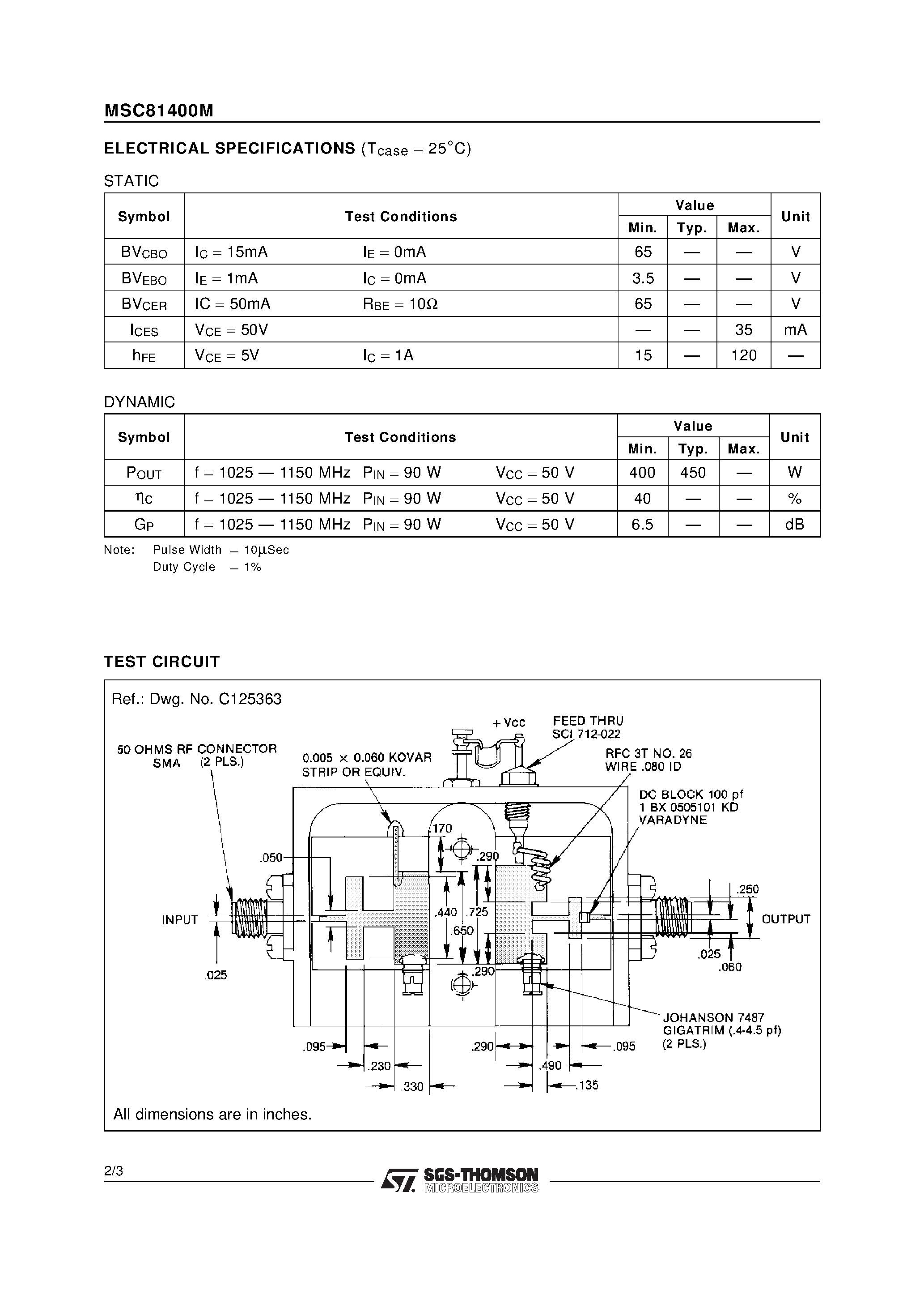 Datasheet MSC81400M - RF & MICROWAVE TRANSISTORS AVIONICS APPLICATIONS page 2