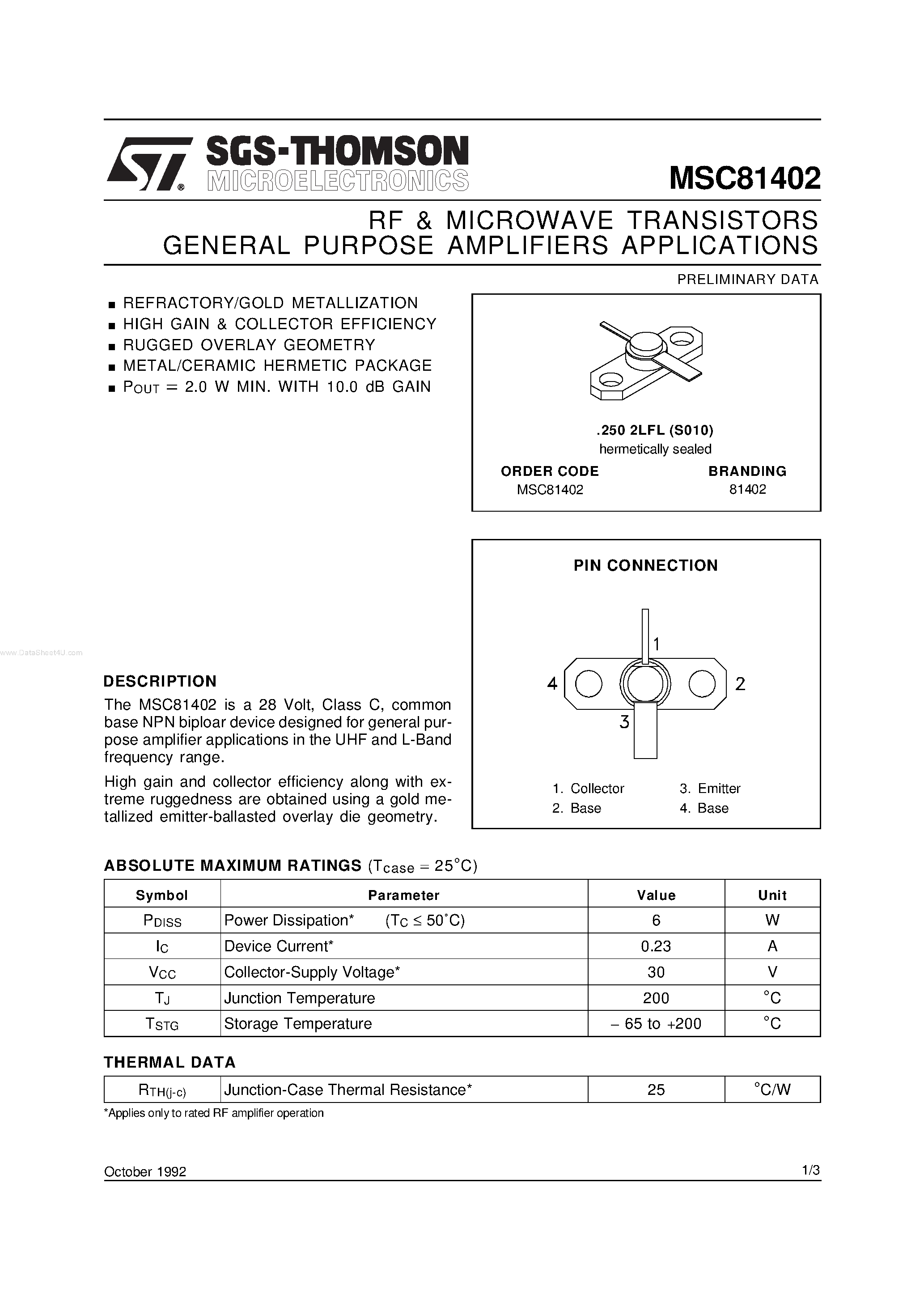 Datasheet MSC81402 - RF & MICROWAVE TRANSISTORS GENERAL PURPOSE AMPLIFIERS APPLICATIONS page 1