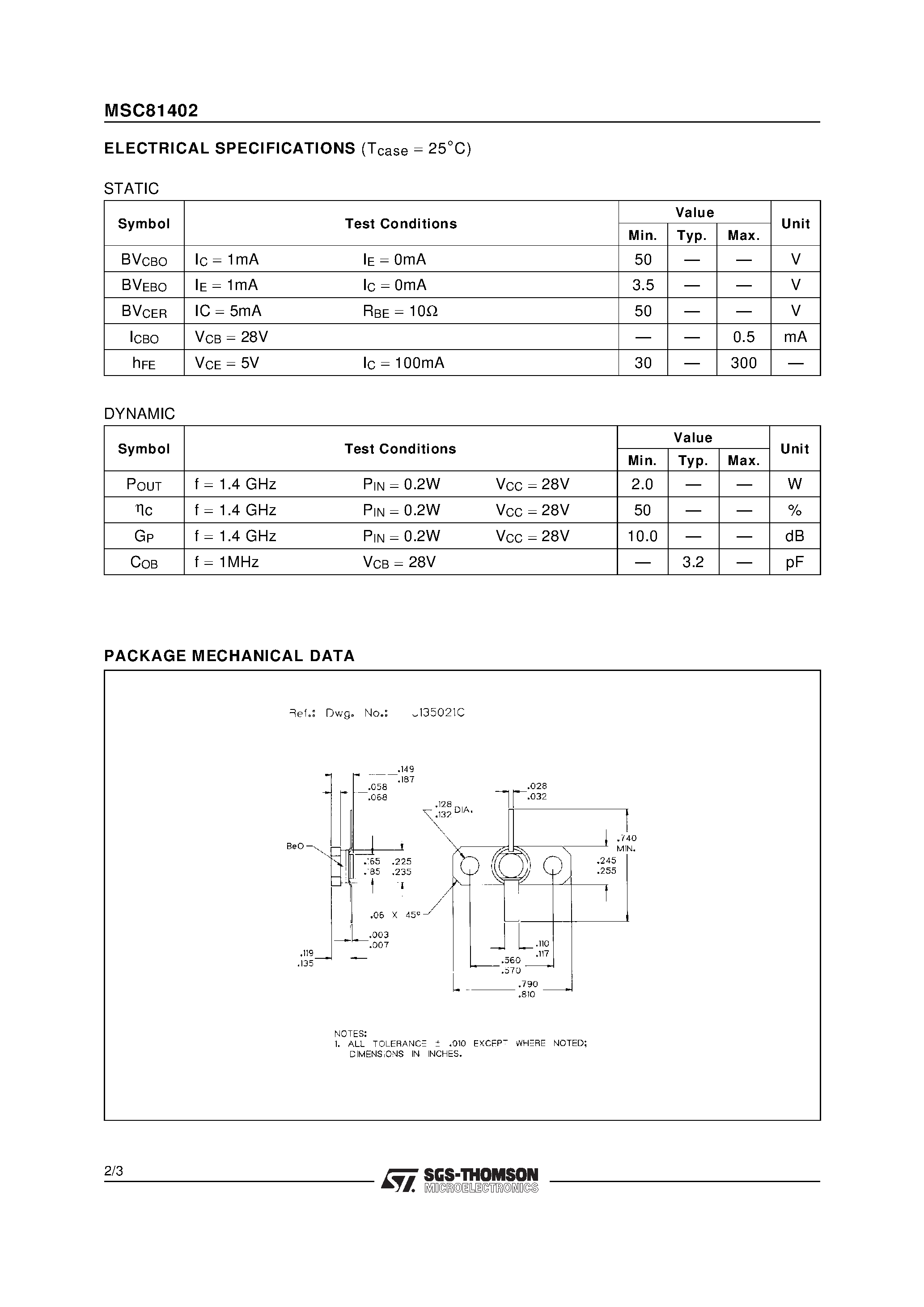 Datasheet MSC81402 - RF & MICROWAVE TRANSISTORS GENERAL PURPOSE AMPLIFIERS APPLICATIONS page 2