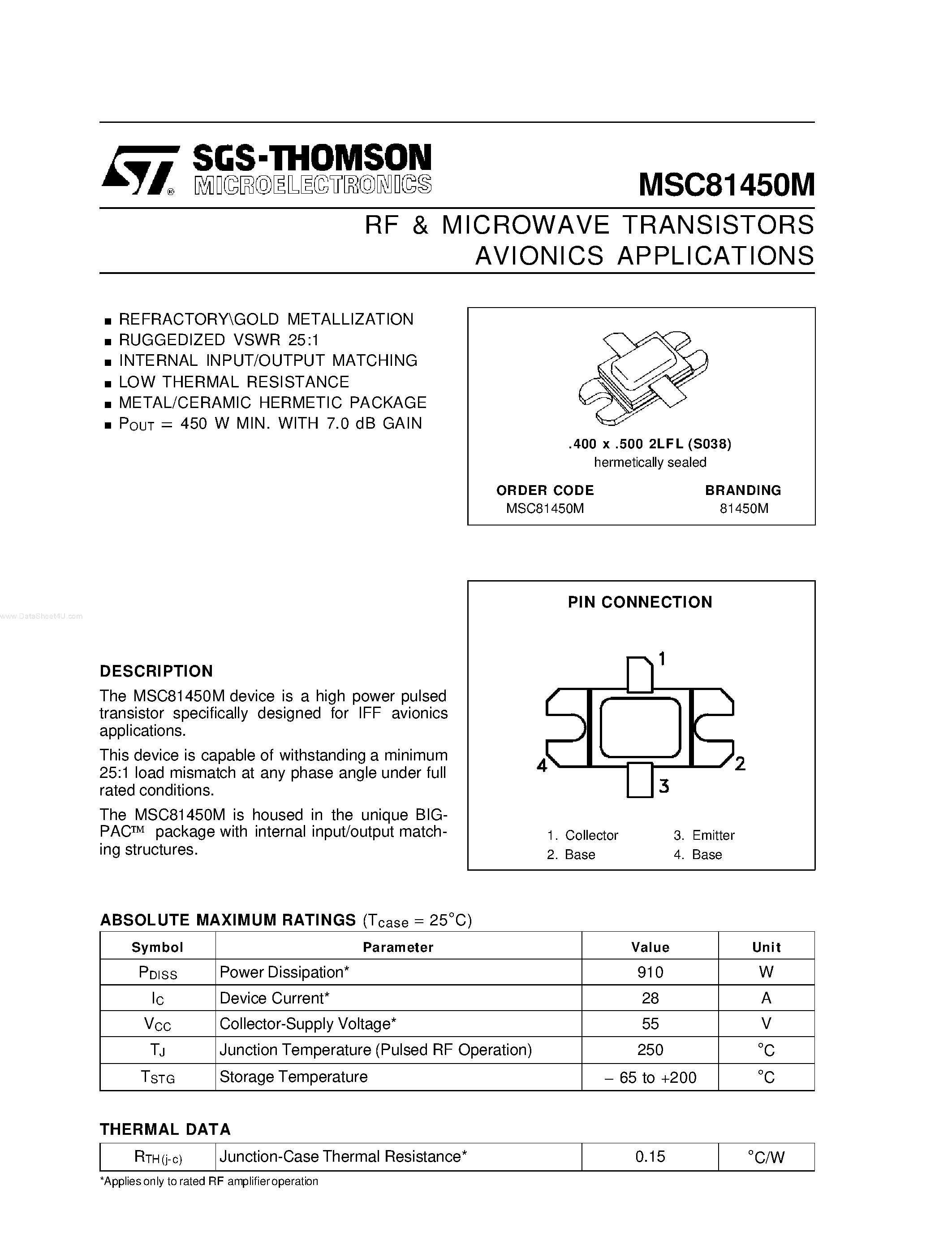Datasheet MSC81450M - RF & MICROWAVE TRANSISTORS AVIONICS APPLICATIONS page 1