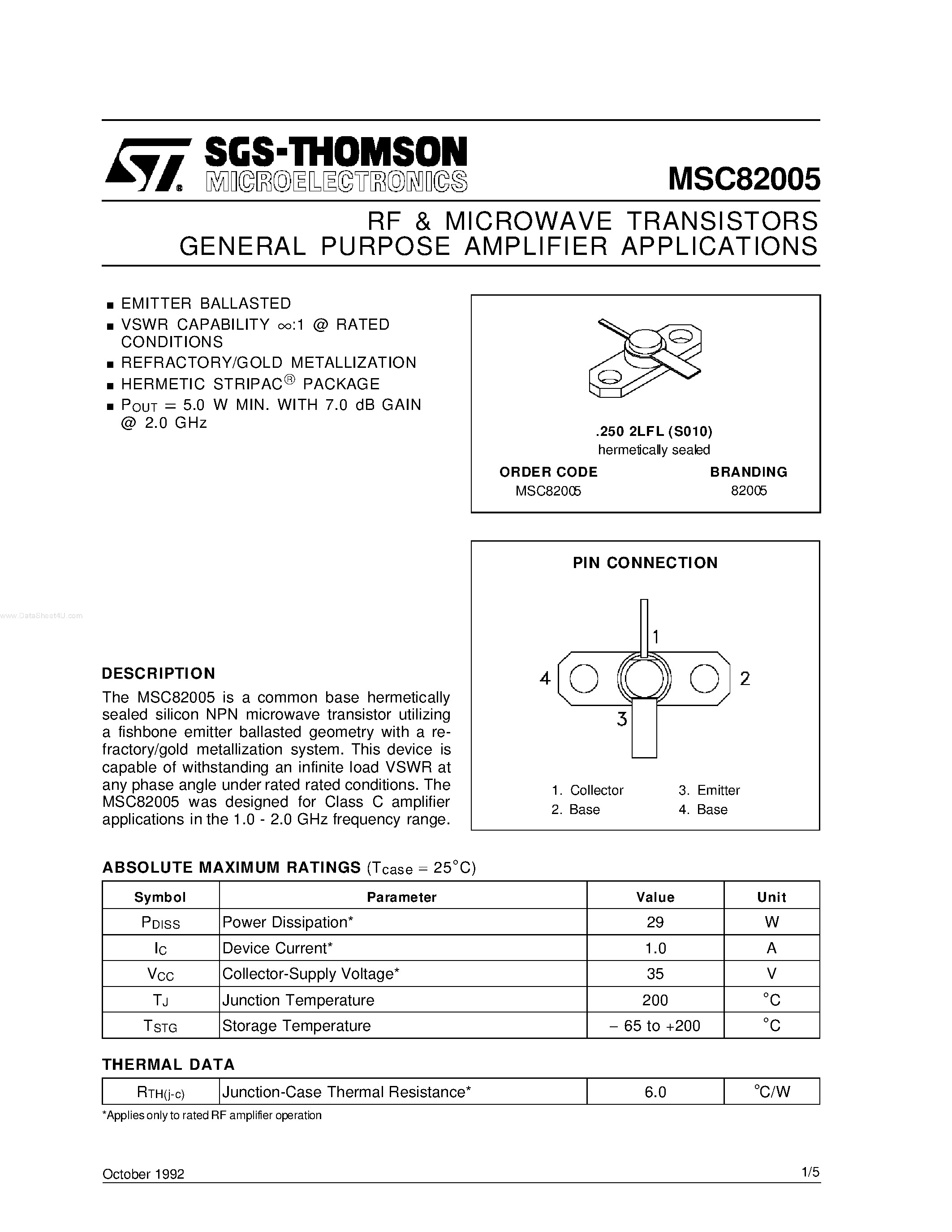 Datasheet MSC82005 - RF & MICROWAVE TRANSISTORS GENERAL PURPOSE AMPLIFIER APPLICATIONS page 1