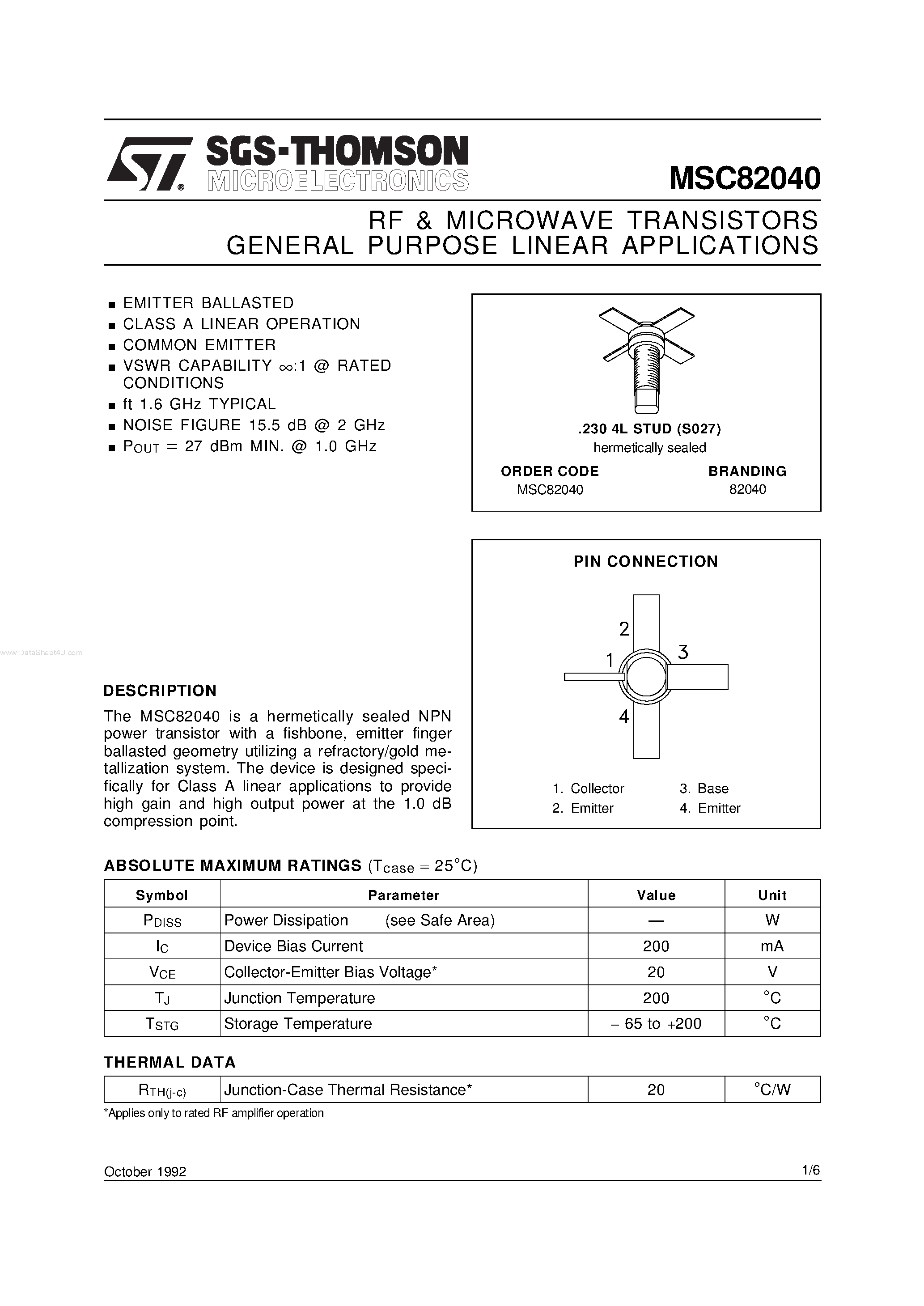 Datasheet MSC82040 - RF & MICROWAVE TRANSISTORS GENERAL PURPOSE AMPLIFIER APPLICATIONS page 1