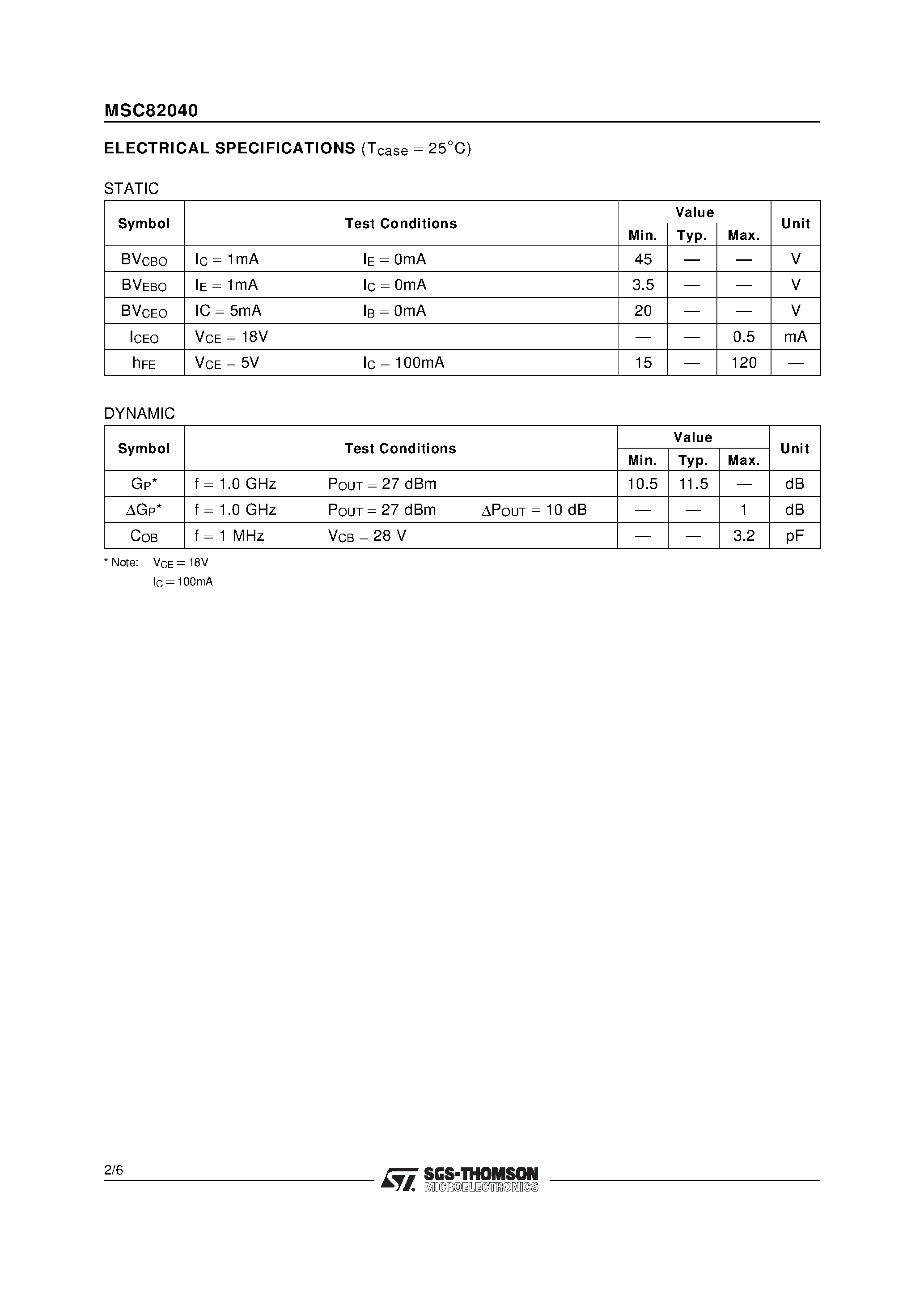 Datasheet MSC82040 - RF & MICROWAVE TRANSISTORS GENERAL PURPOSE AMPLIFIER APPLICATIONS page 2