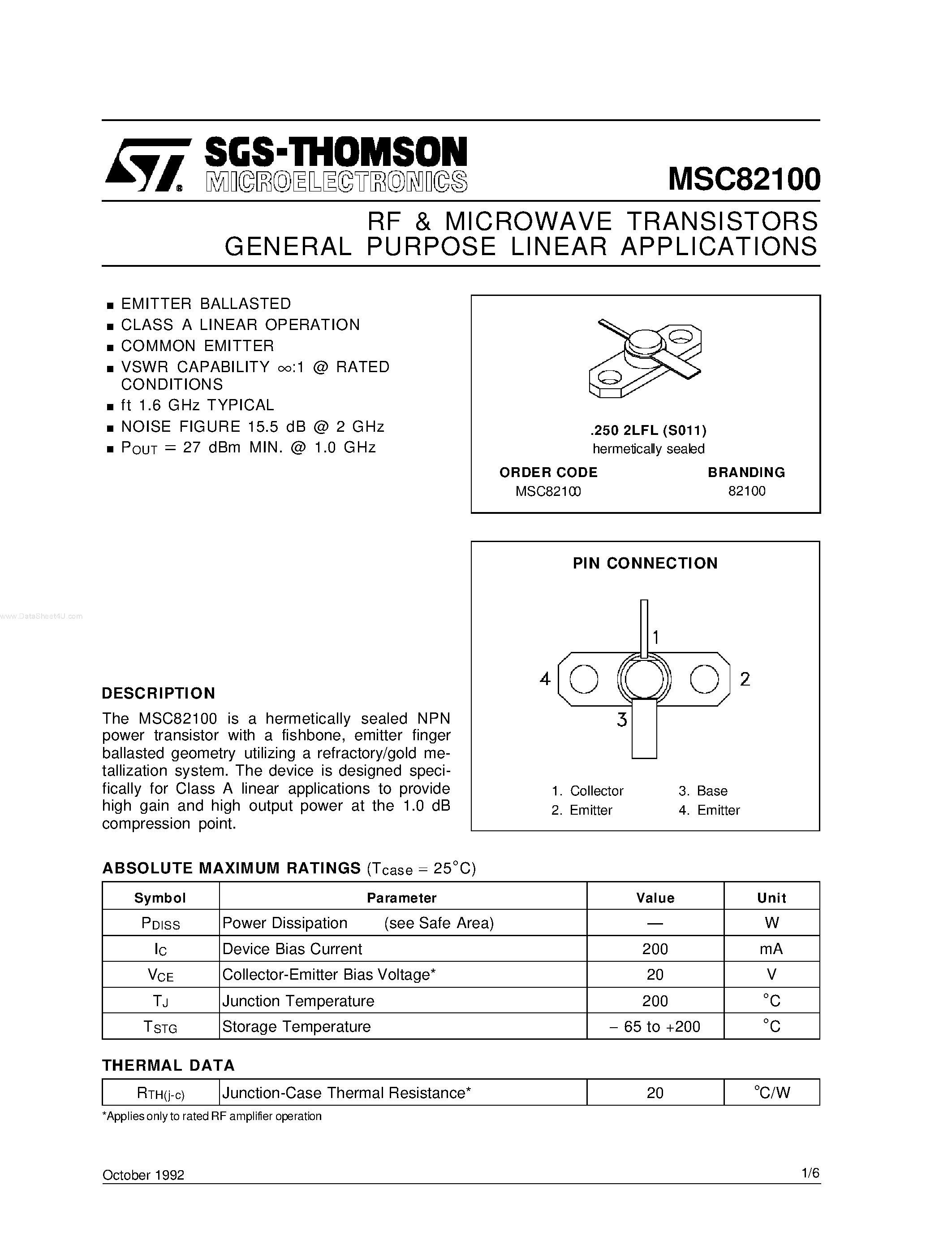 Datasheet MSC82100 - RF & MICROWAVE TRANSISTORS GENERAL PURPOSE AMPLIFIER APPLICATIONS page 1