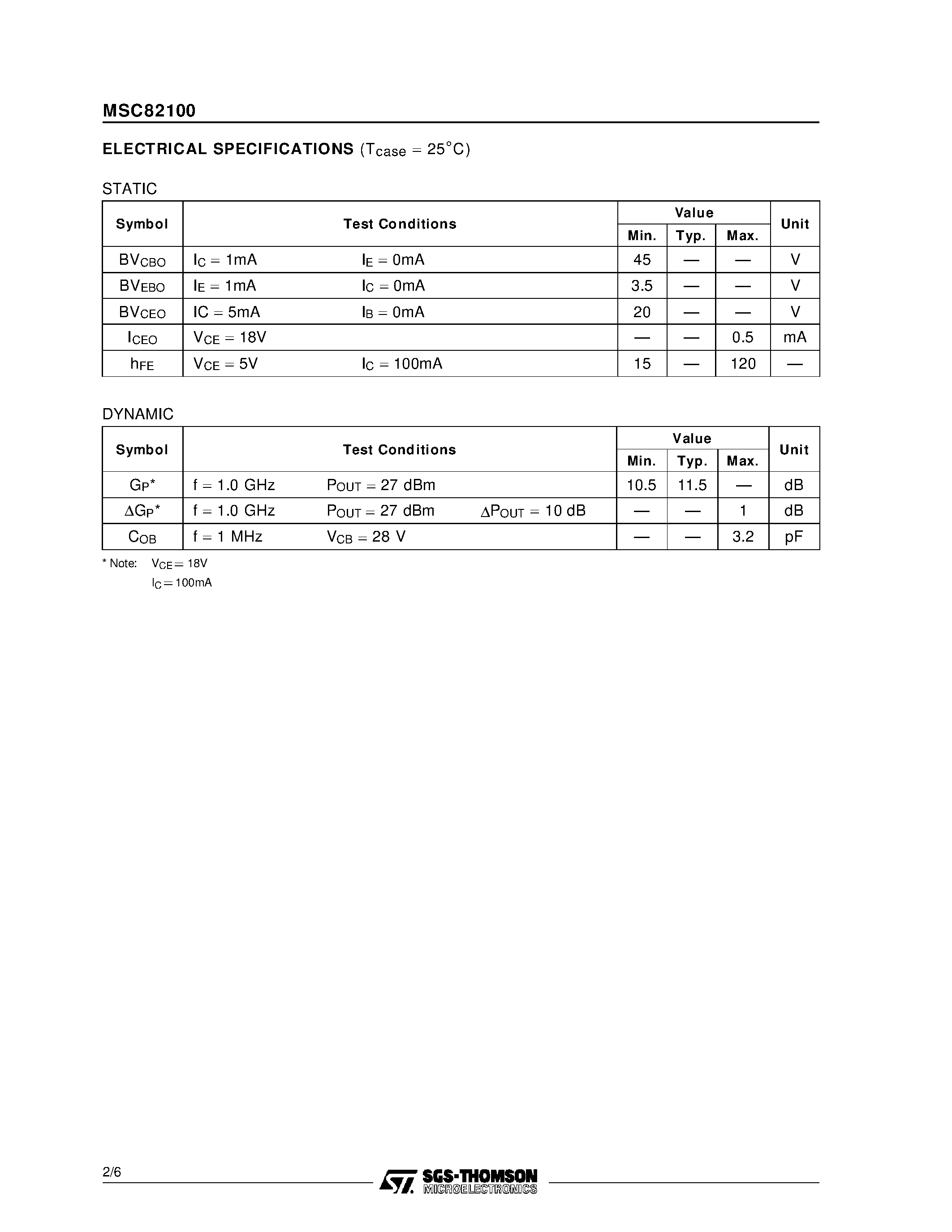 Datasheet MSC82100 - RF & MICROWAVE TRANSISTORS GENERAL PURPOSE AMPLIFIER APPLICATIONS page 2