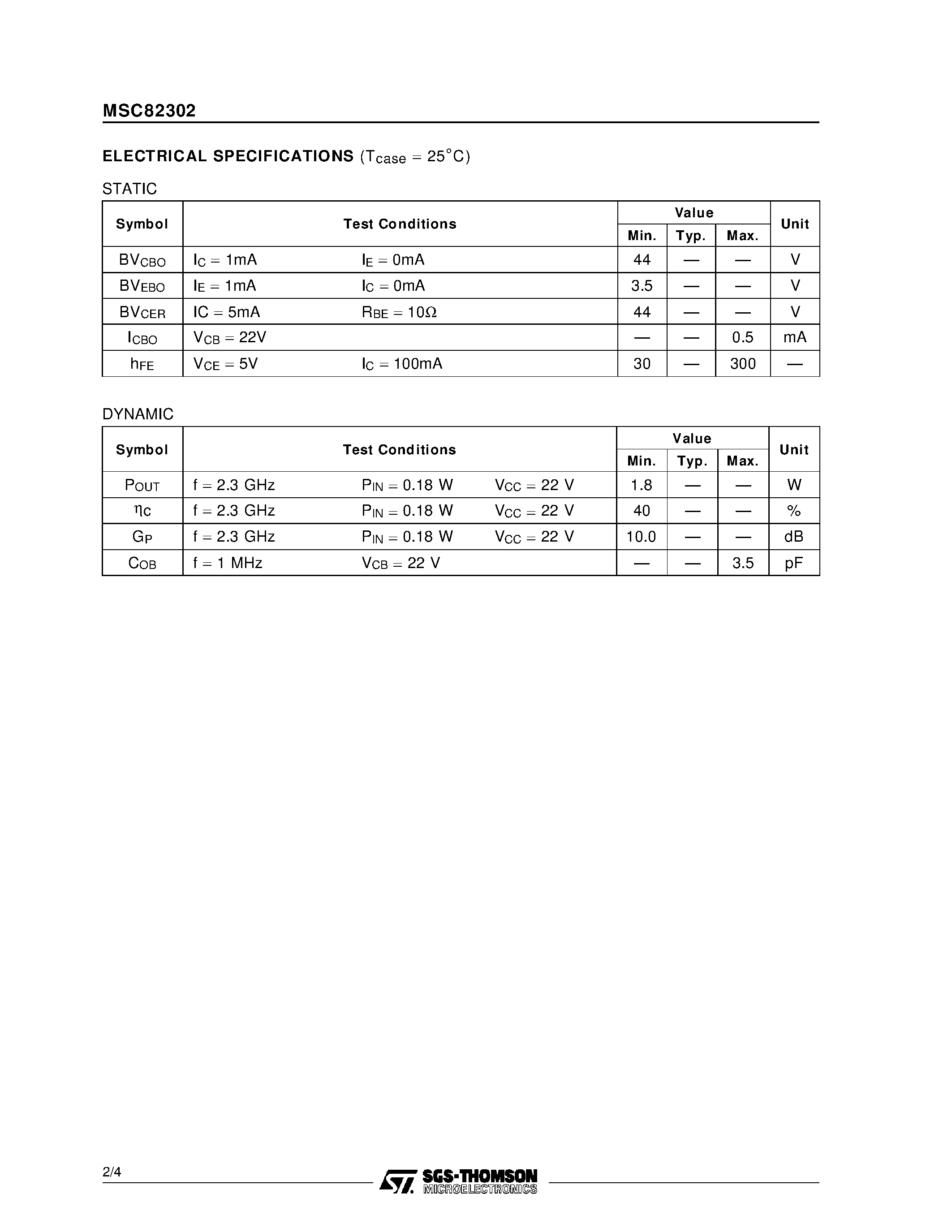 Datasheet MSC82302 - RF & MICROWAVE TRANSISTORS GENERAL PURPOSE AMPLIFIER APPLICATIONS page 2