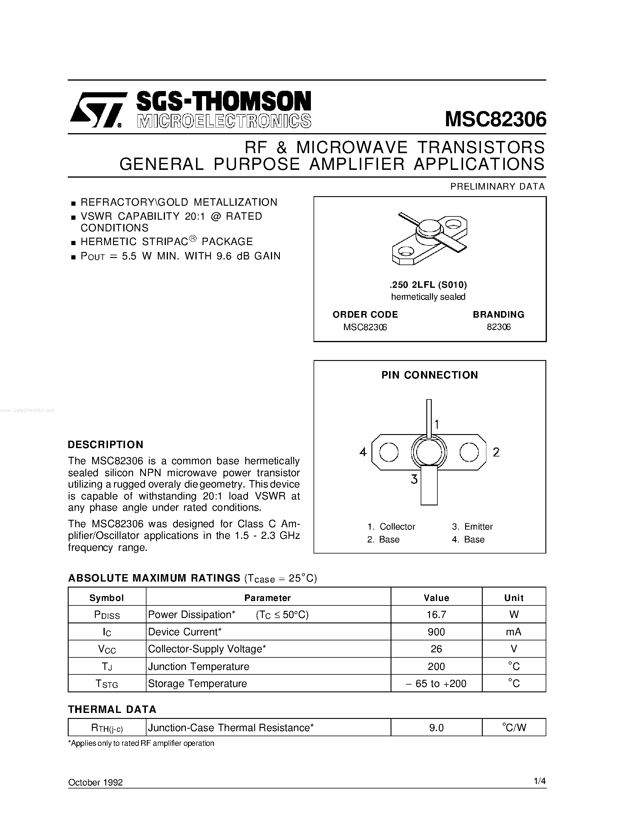 Datasheet MSC82306 - RF & MICROWAVE TRANSISTORS GENERAL PURPOSE AMPLIFIER APPLICATIONS page 1