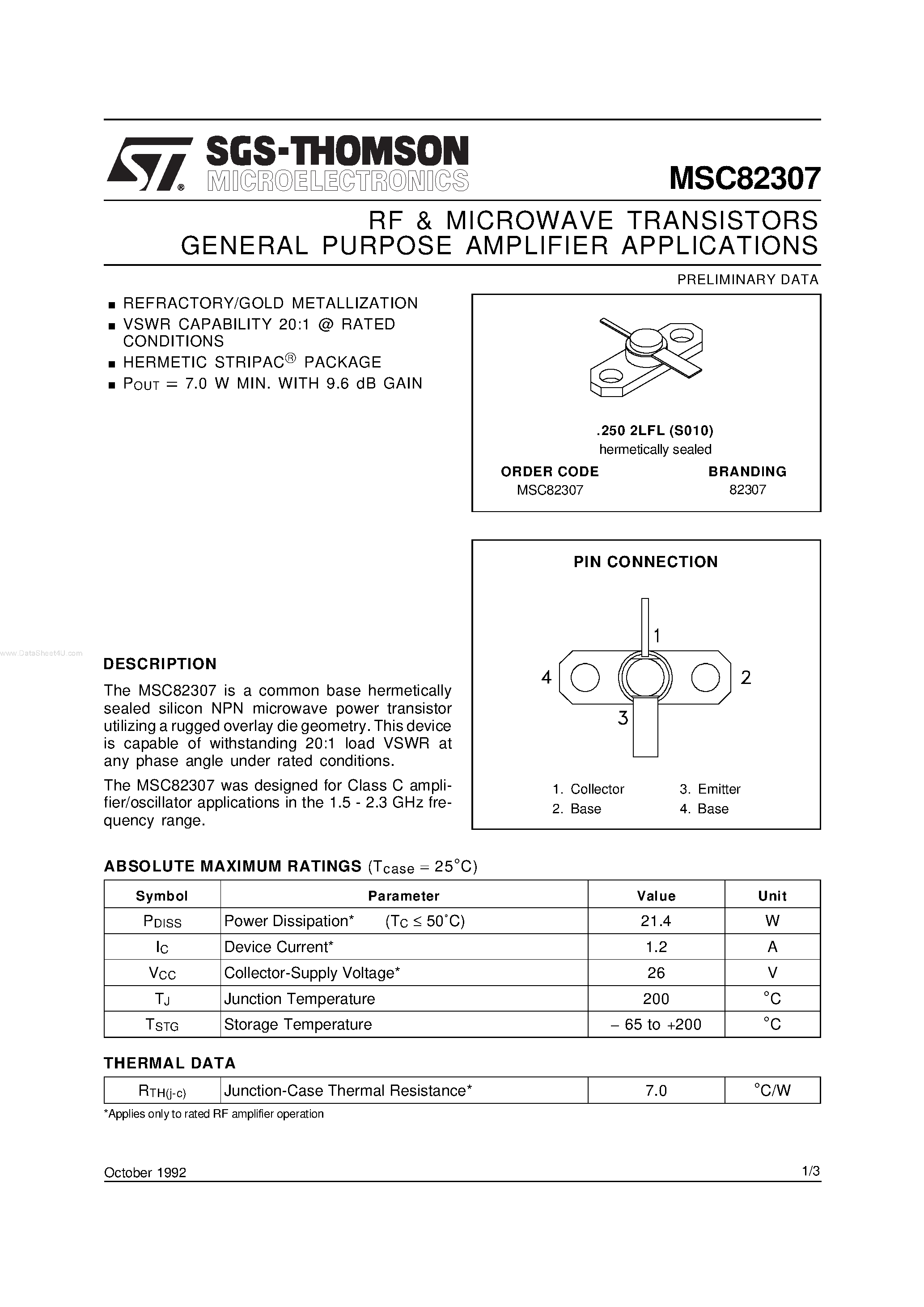 Datasheet MSC82307 - RF & MICROWAVE TRANSISTORS GENERAL PURPOSE AMPLIFIER APPLICATIONS page 1