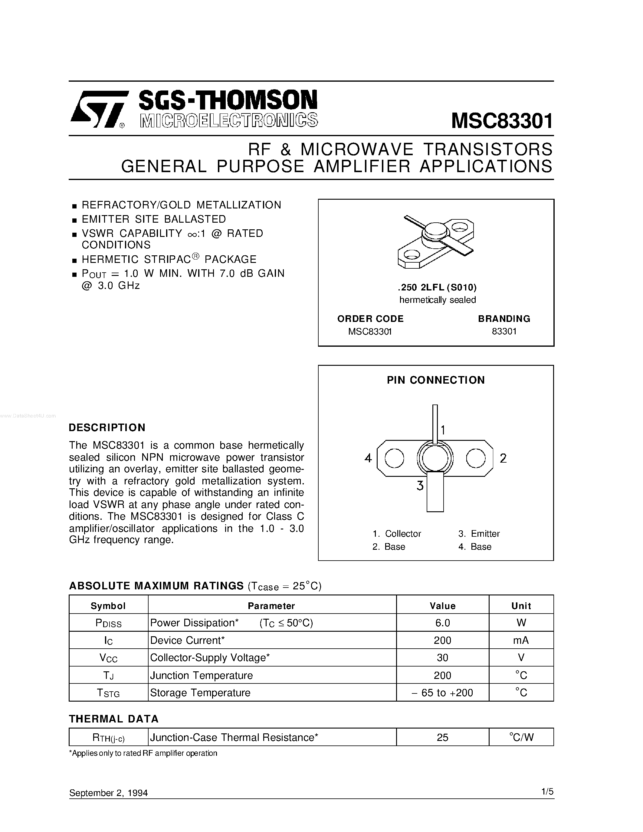 Datasheet MSC83301 - RF & MICROWAVE TRANSISTORS GENERAL PURPOSE AMPLIFIER APPLICATIONS page 1