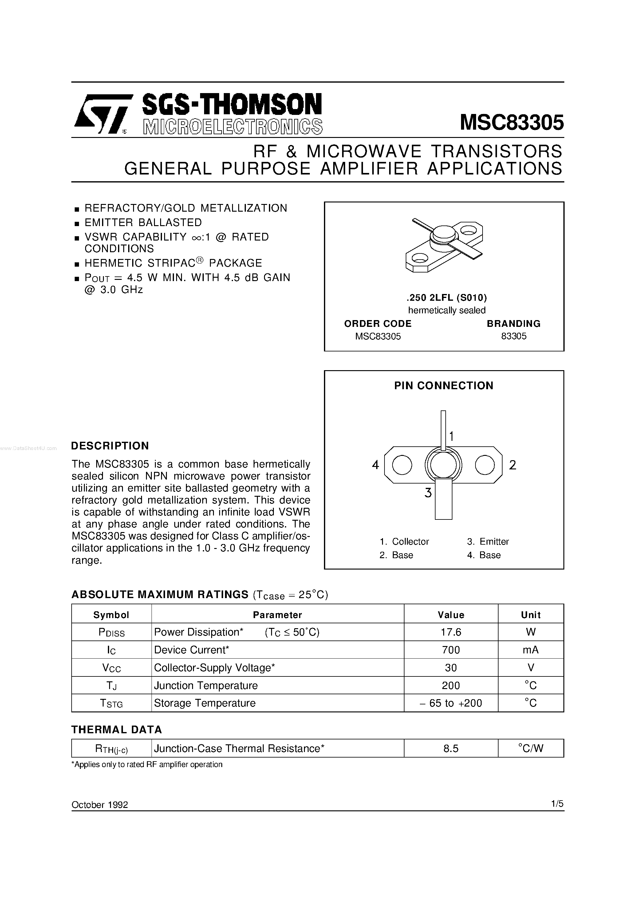 Datasheet MSC83305 - RF & MICROWAVE TRANSISTORS GENERAL PURPOSE AMPLIFIER APPLICATIONS page 1