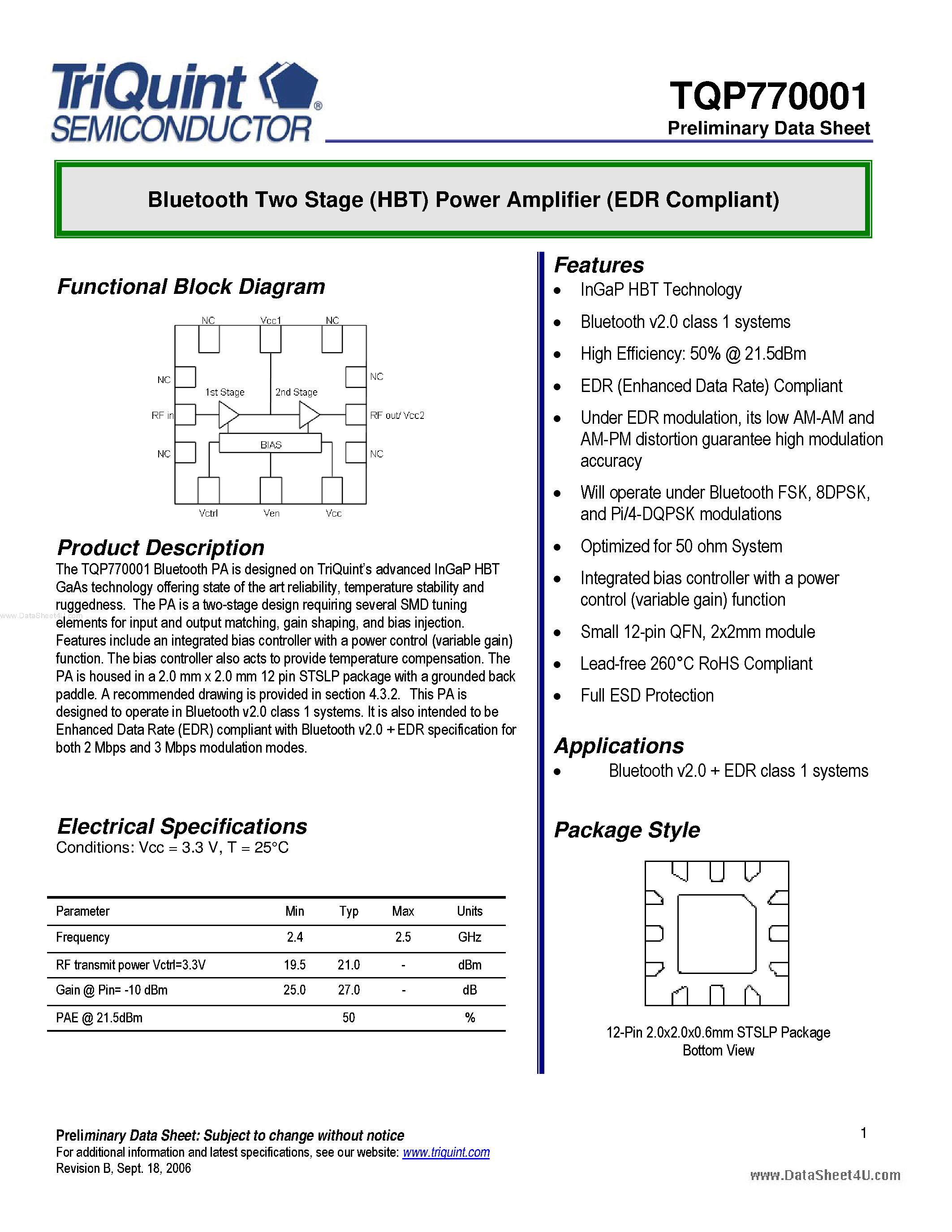 Datasheet TQP770001 - Bluetooth Two Stage (HBT) Power Amplifier page 1