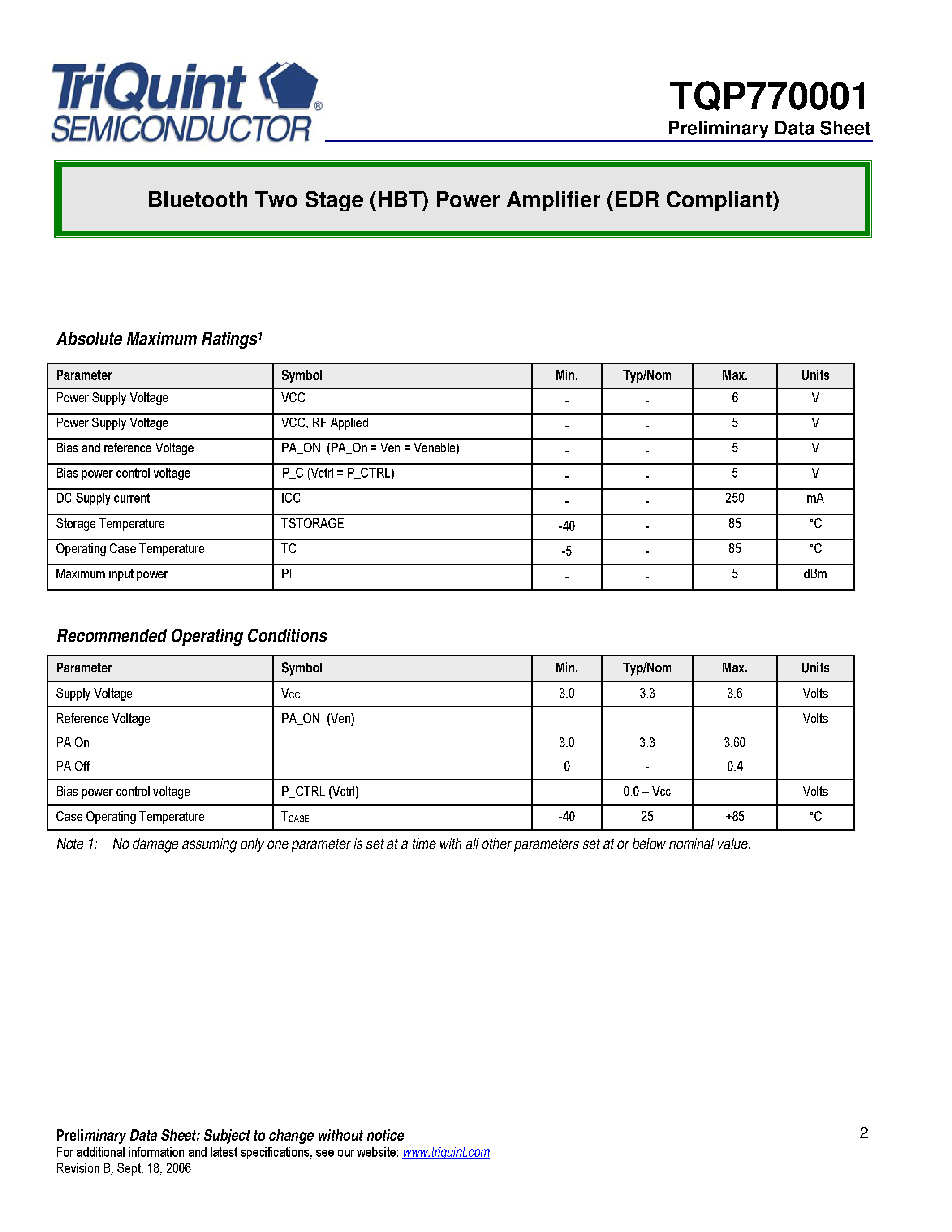Datasheet TQP770001 - Bluetooth Two Stage (HBT) Power Amplifier page 2