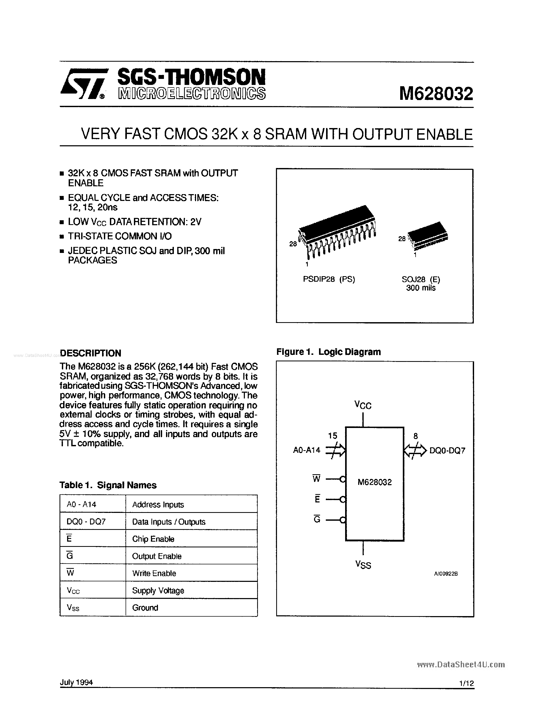 Datasheet M628032 page 1 Datasheet M628032 - Very Fast CMOS 32K X 8 SRAM page 1
