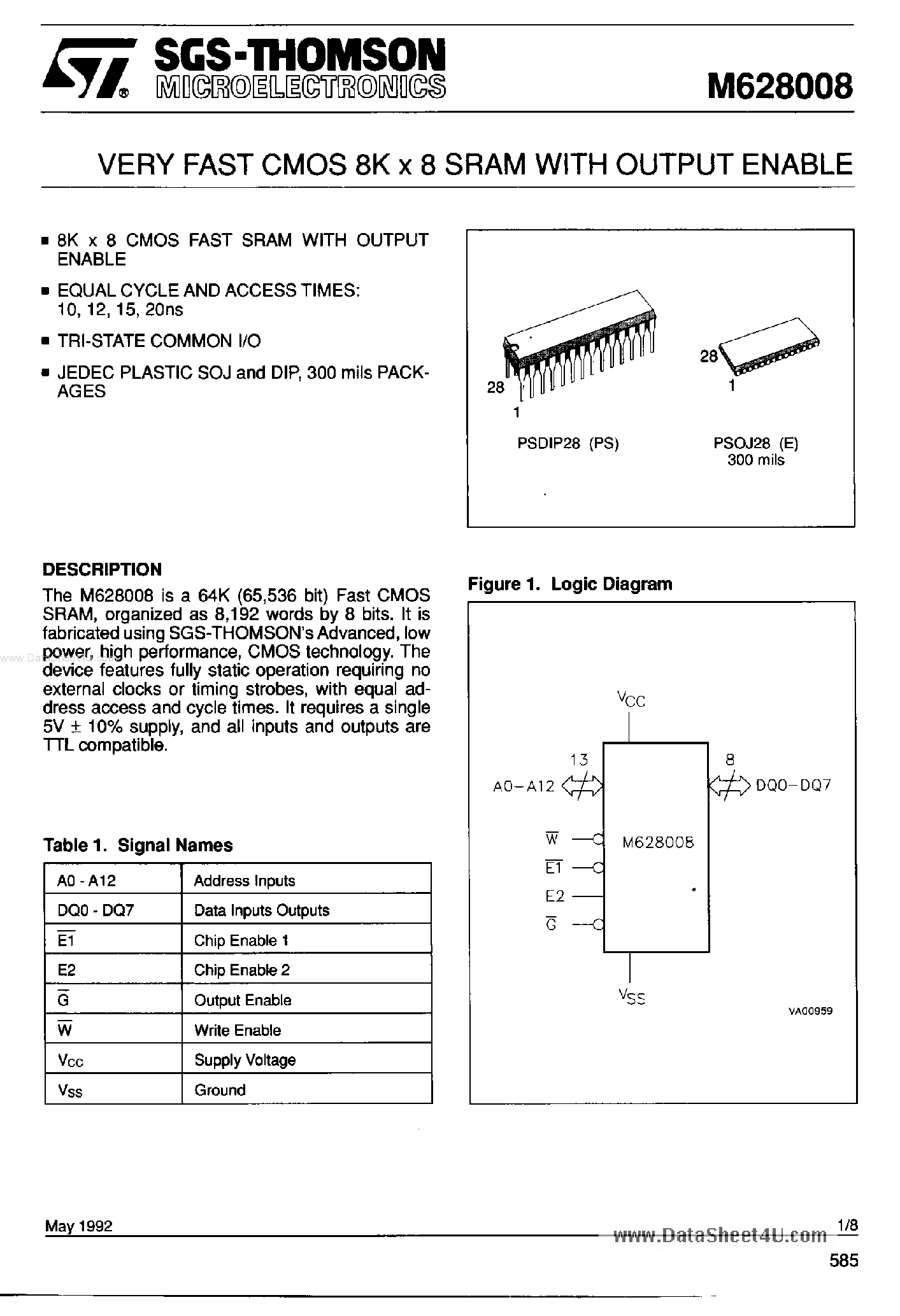 Datasheet M628008 - Very Fast CMOS 8K X 8 SRAM page 1