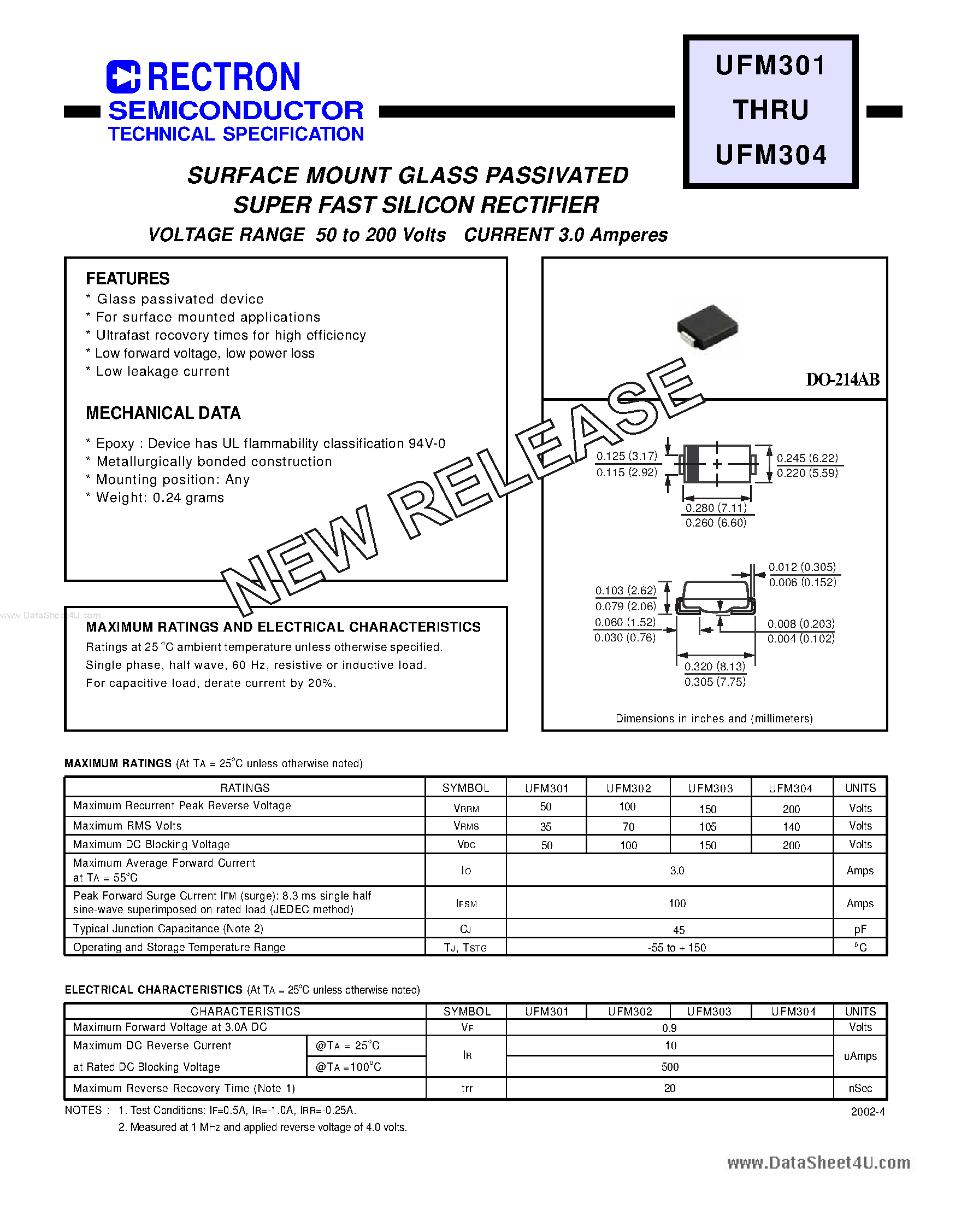 Datasheet UFM301 - (UFM301 - UFM304) SURFACE MOUNT GLASS PASSIVATED SUPER FAST SILICON RECTIFIER page 1