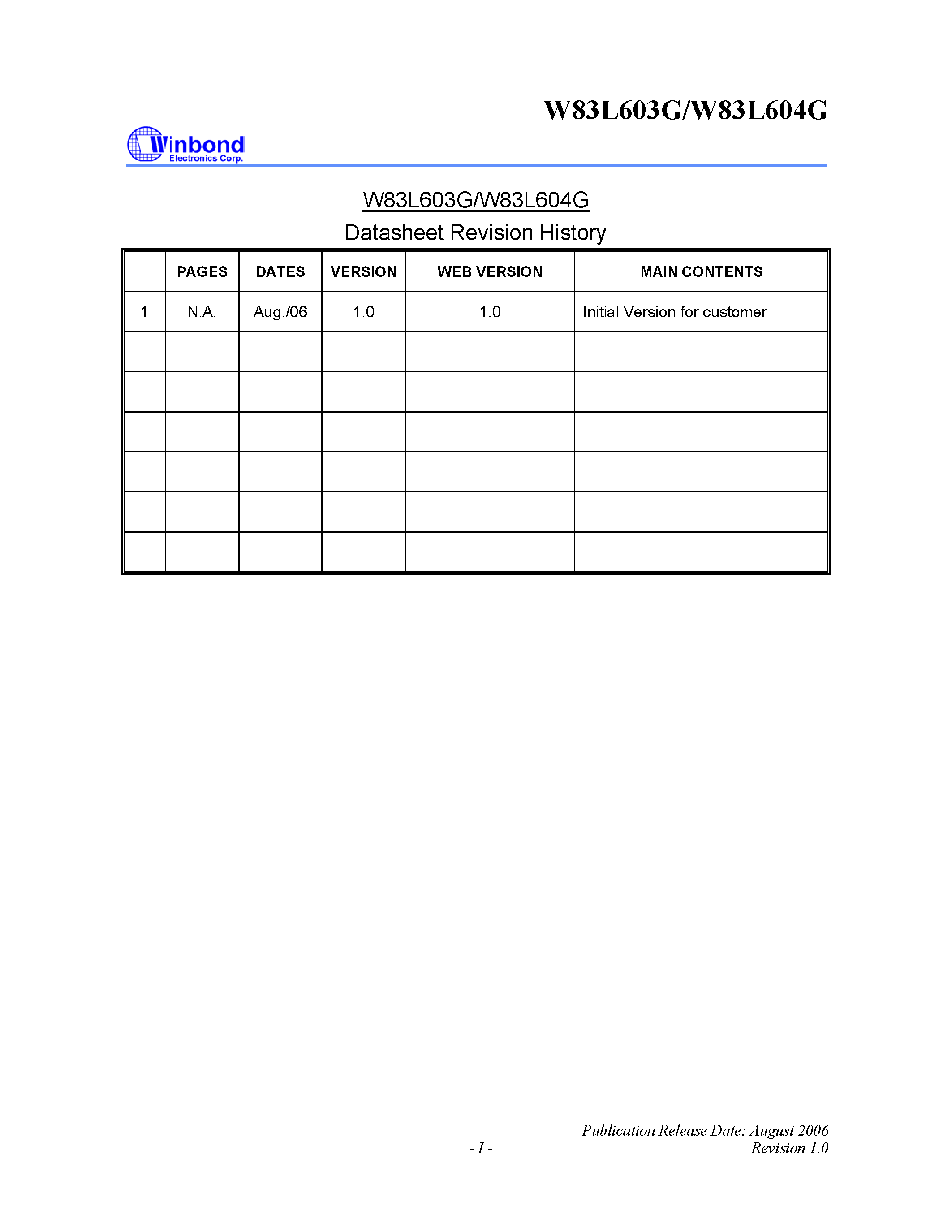 Datasheet W83L603G page 2 Datasheet W83L603G - (W83L603G / W83L604G) SMBus GPIO Controller page 2