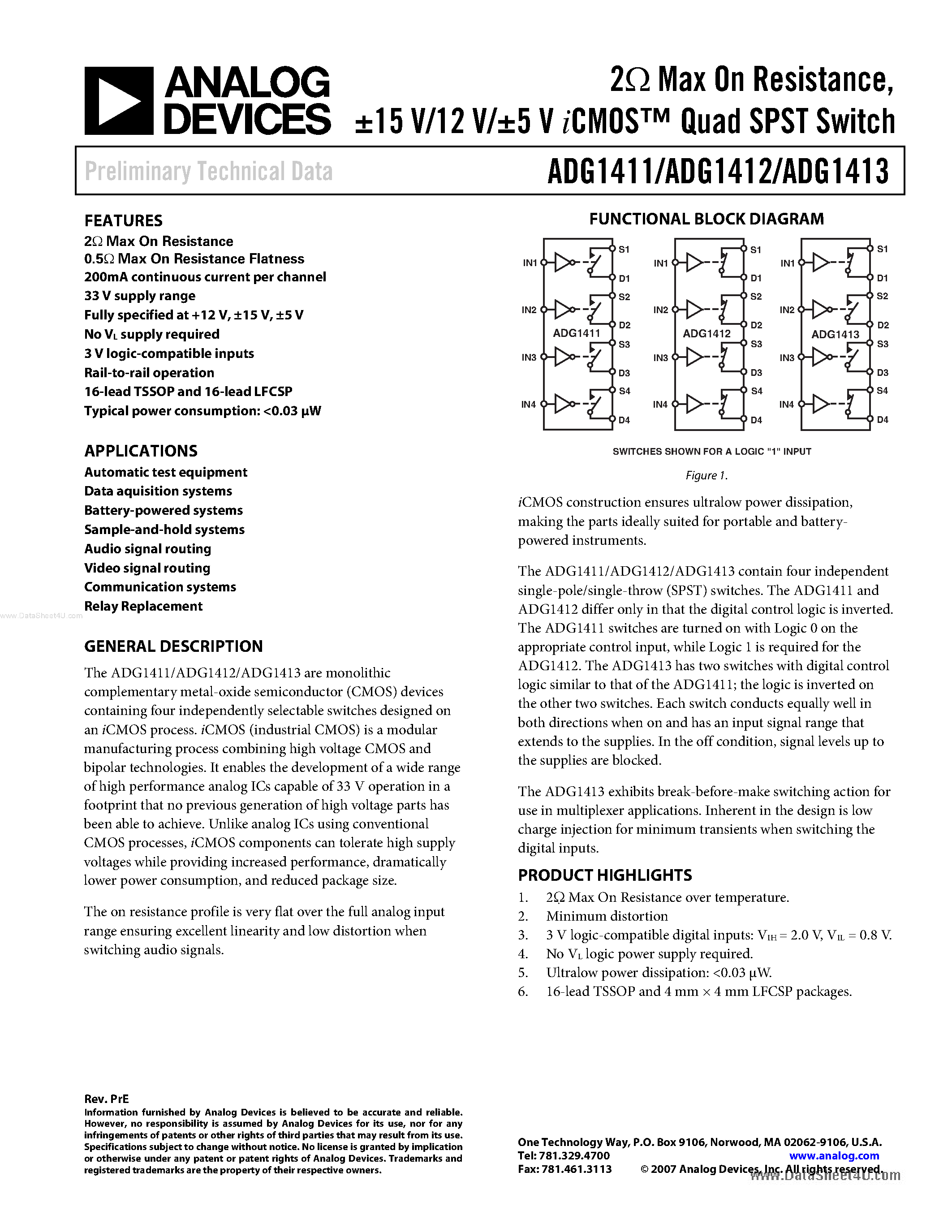 Даташит на микросхему ADG1411 страница 1 Даташит ADG1411 - (ADG1411 - ADG1413) Quad SPST Switch страница 1