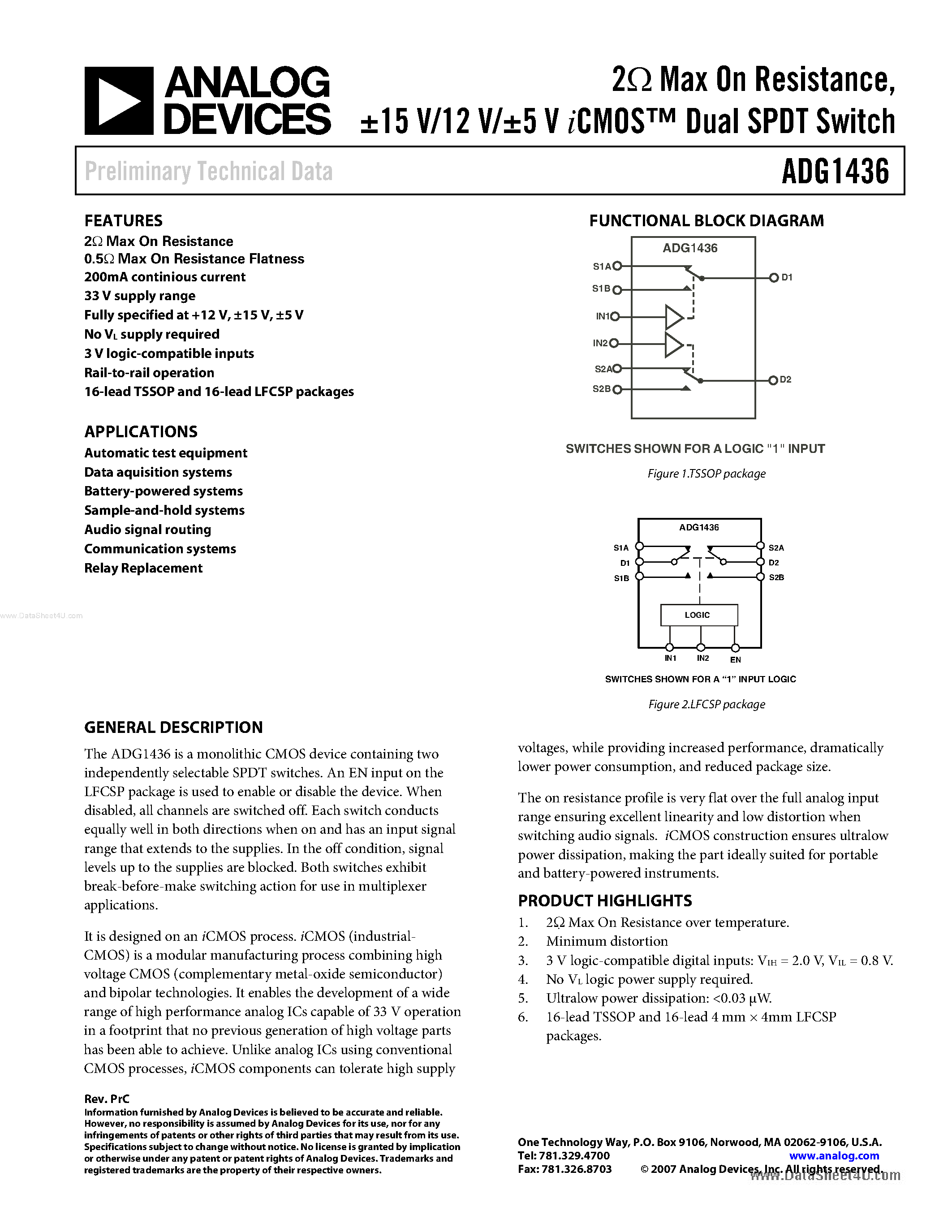 Даташит на микросхему ADG1436 страница 1 Даташит ADG1436 - Dual SPDT Switch страница 1