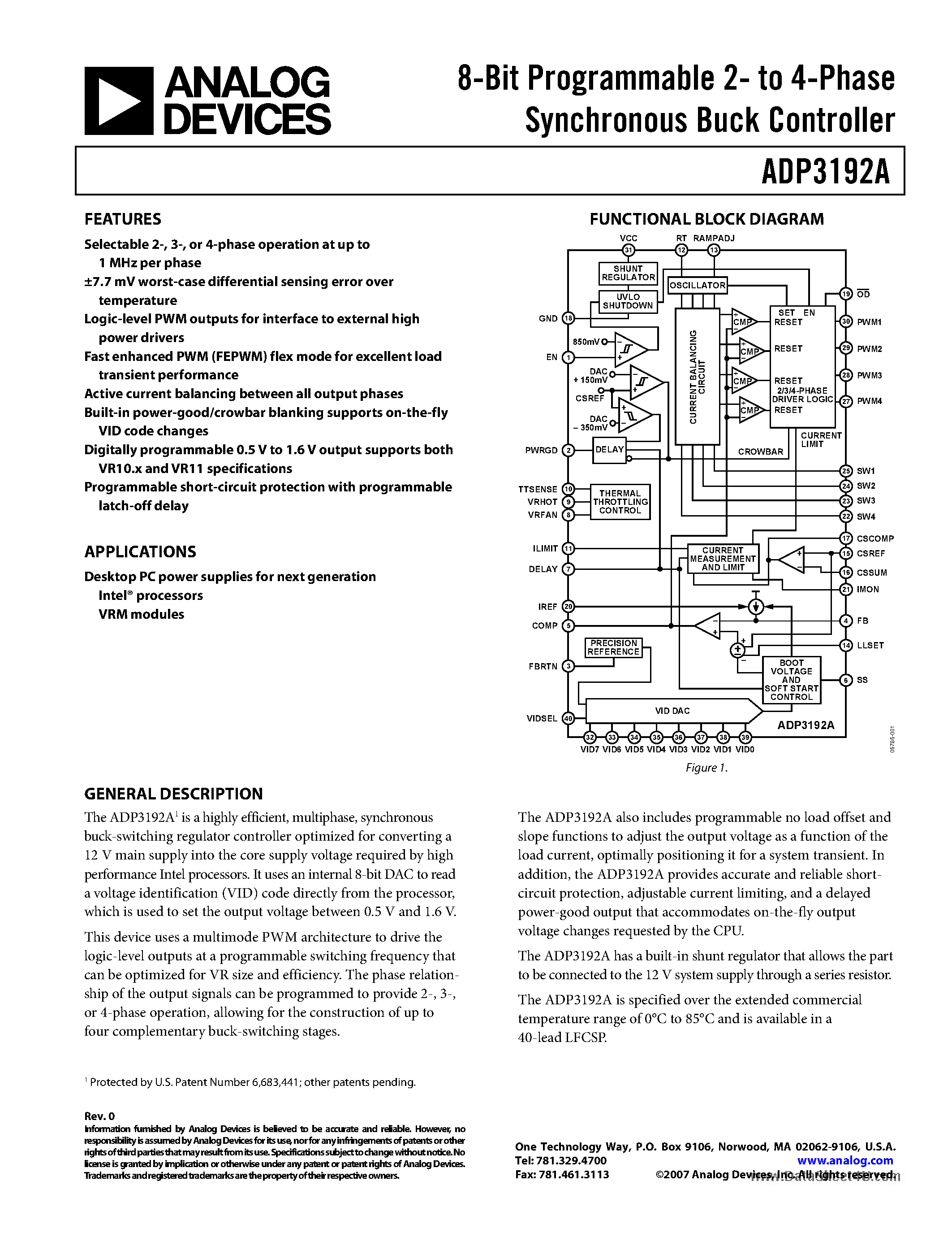 Datasheet ADP3192A - 8-Bit Programmable 2- to 4-Phase Synchronous Buck Controller page 1
