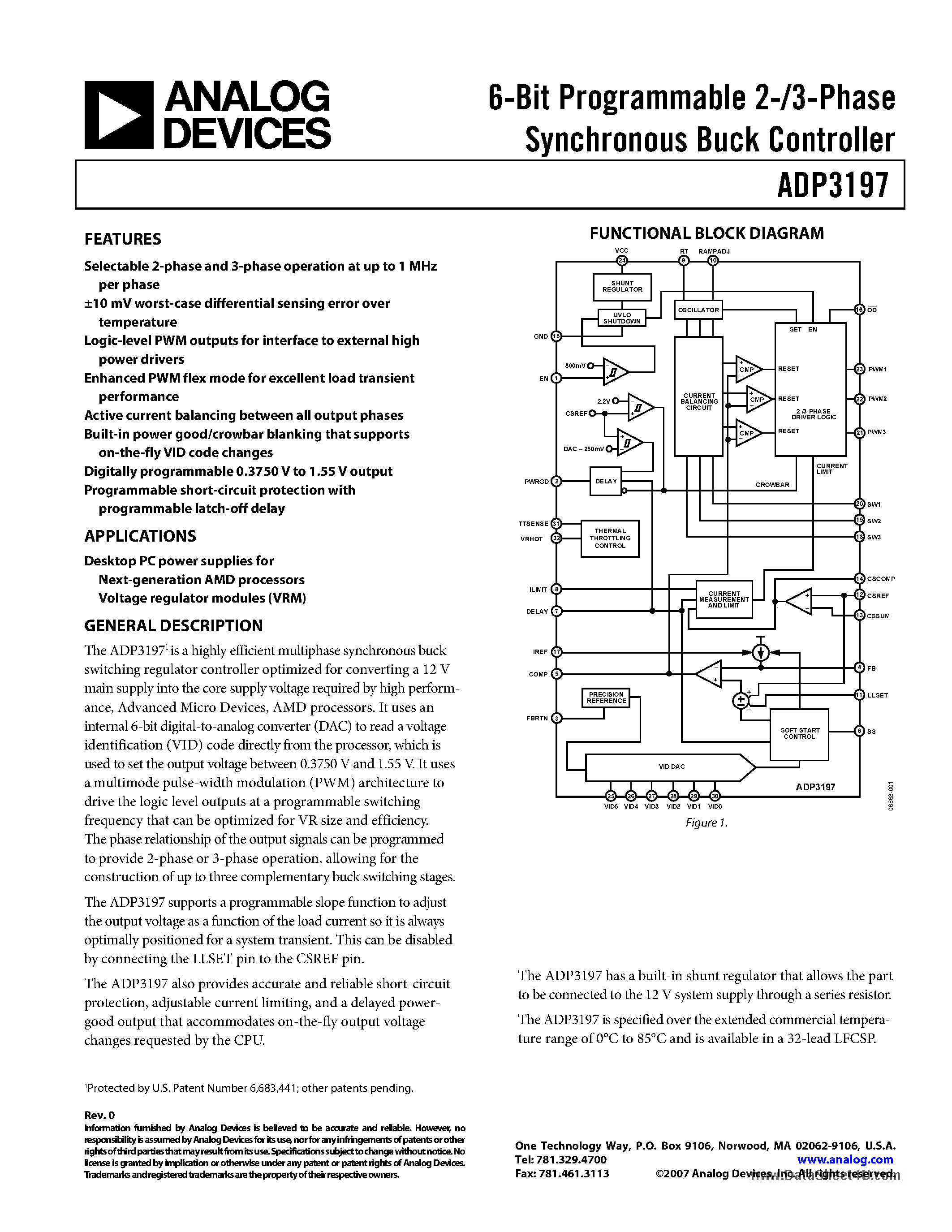 Datasheet ADP3197 - 6-Bit Programmable 2-/3-Phase Synchronous Buck Controller page 1