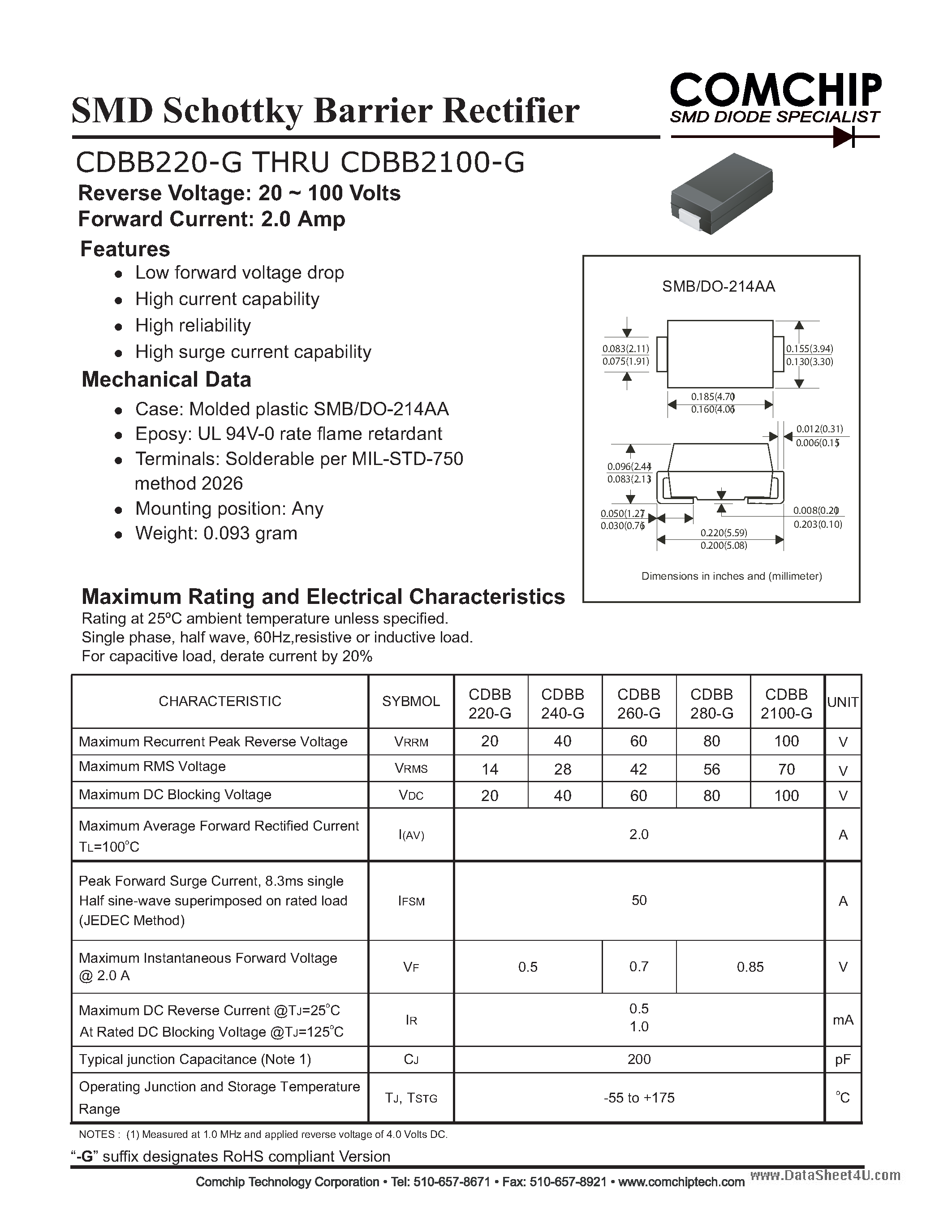 Даташит CDBB2100-G - (CDBB220-G - CDBB2100-G) SMD Schottky Barrier Rectifier страница 1