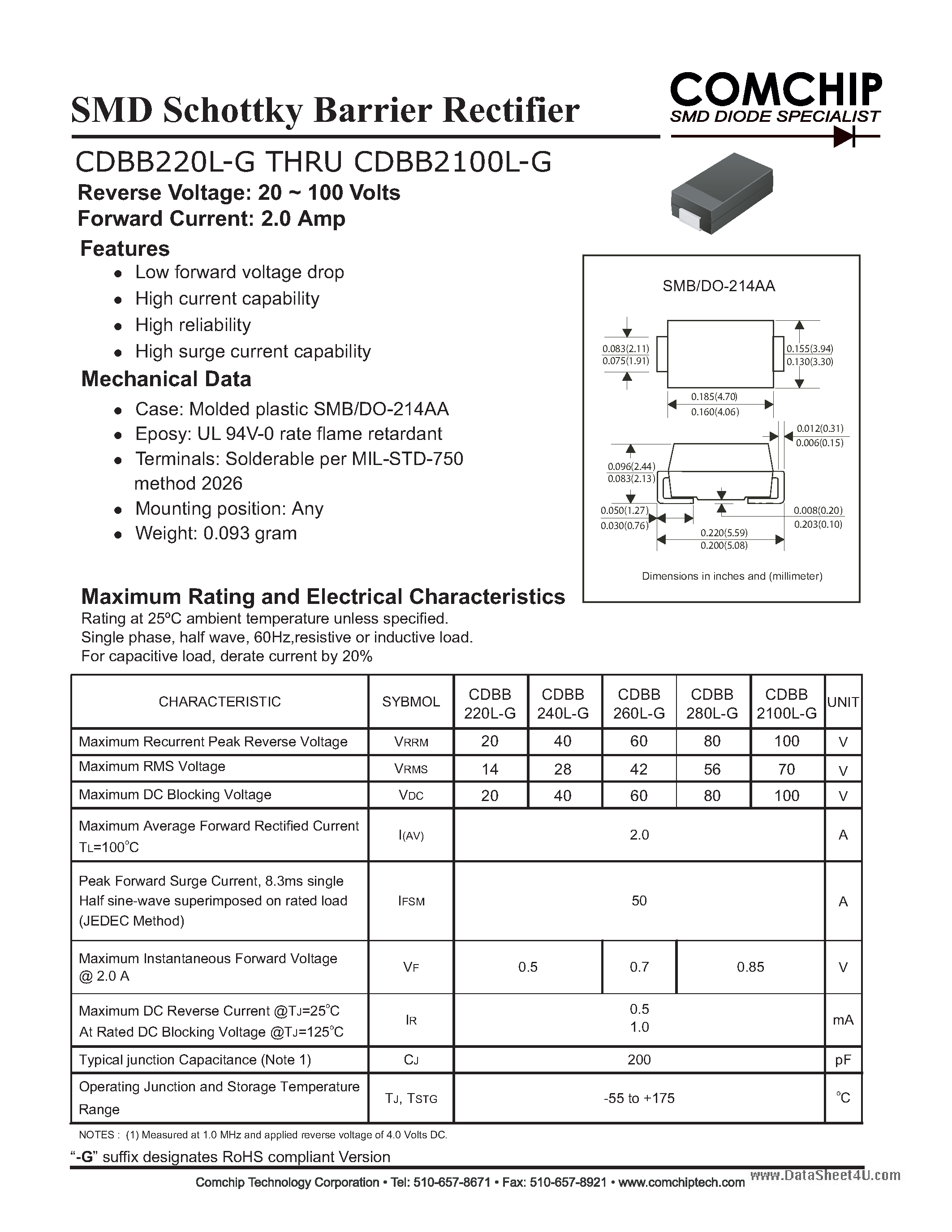 Даташит CDBB2100L-G - (CDBB220L-G - CDBB2100L-G) SMD Schottky Barrier Rectifier страница 1