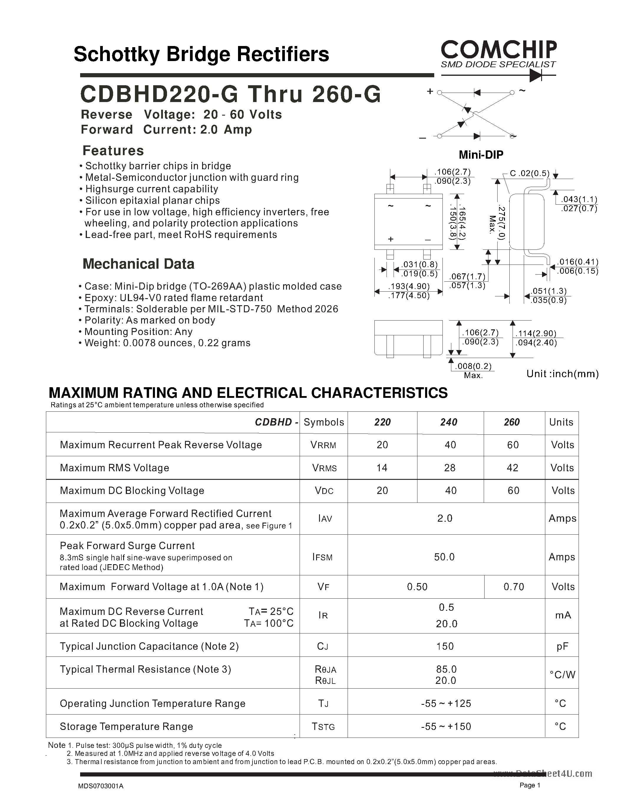 Datasheet CDBHD220-G page 1 Datasheet CDBHD220-G - (CDBHD220-G - CDBHD260-G) Schottky Bridge Rectifiers page 1