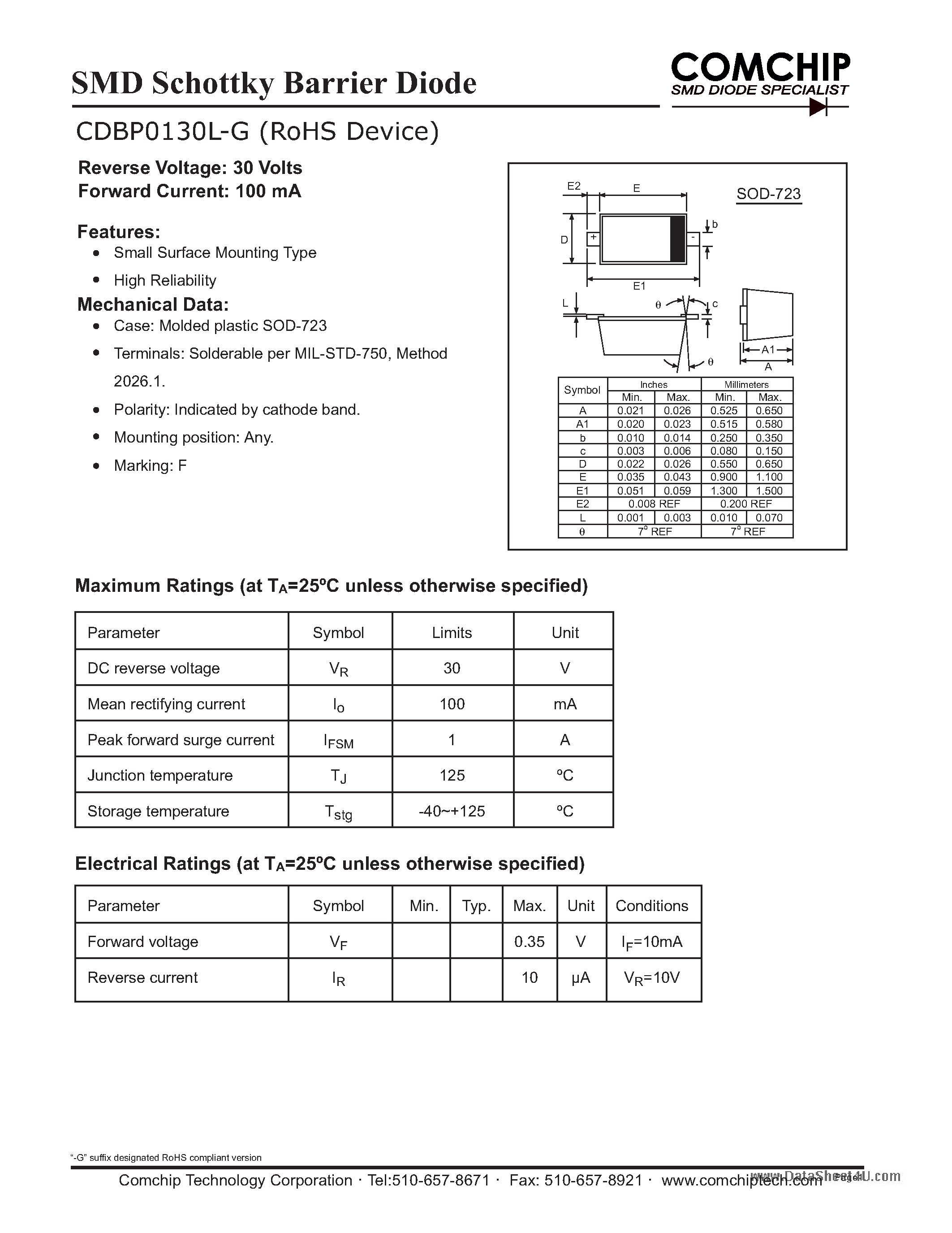 Даташит CDBP0130L-G - SMD Schottky Barrier Diode страница 1