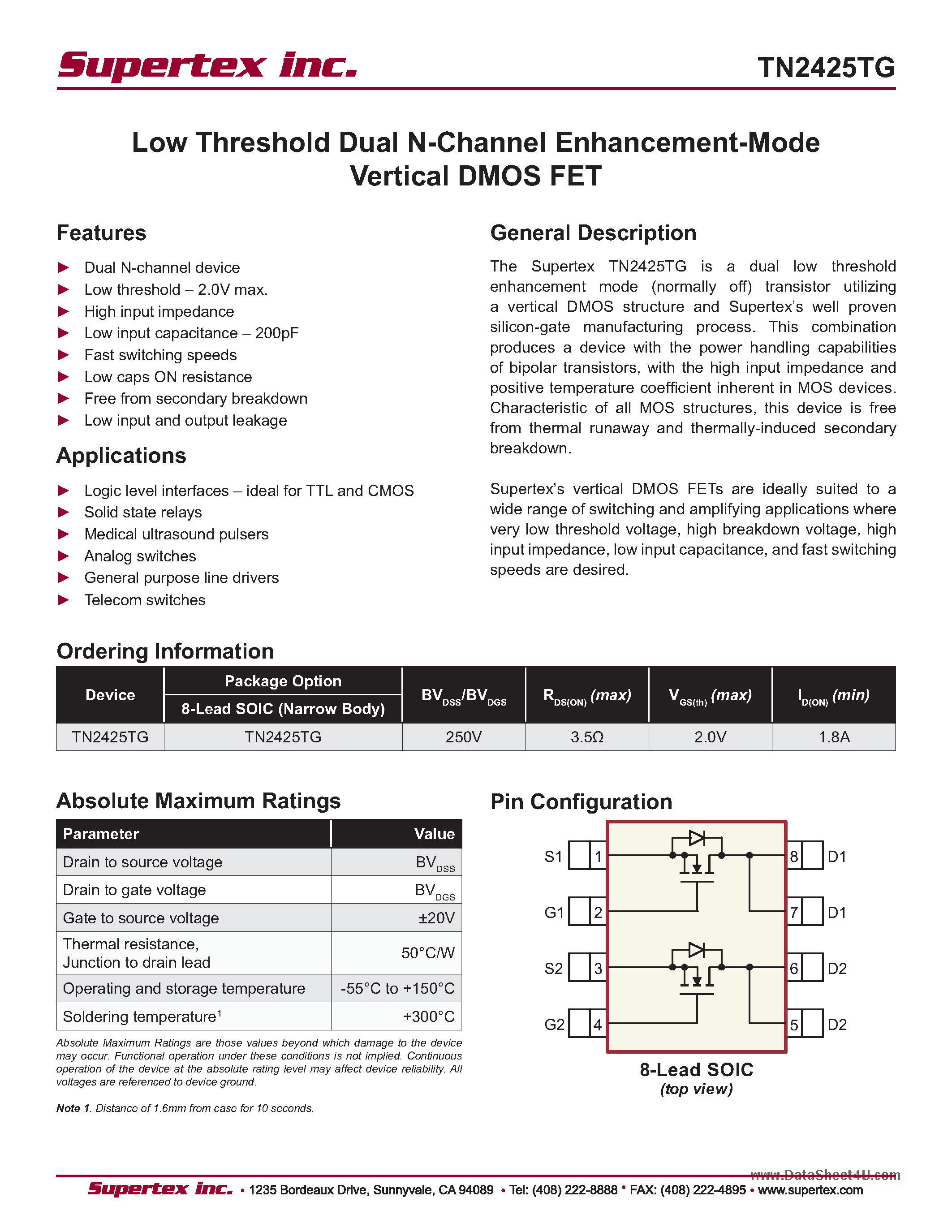 Datasheet TN2425TG - Low Threshold Dual N-Channel Enhancement-Mode page 1